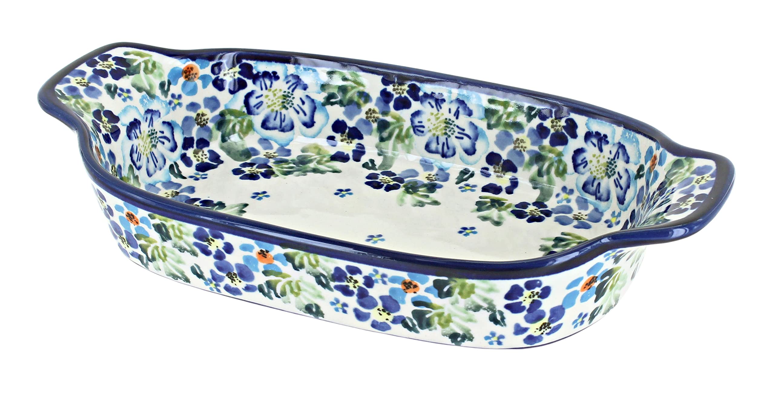 Vintage Blue Rose Polish Pottery Rectangular Serving Dish - Elegant Floral Design for Dining, Entertaining & Home Decor