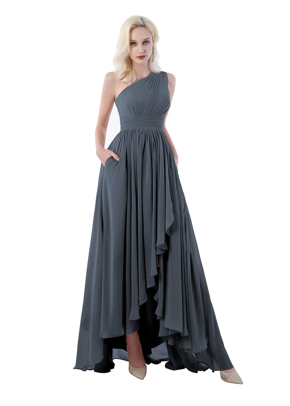 SOLODISH Women's One Shoulder Pleated Chiffon Long Bridesmaid Dress - Elegant Formal Evening Gown for Wedding, Prom, Party & Special Occasions