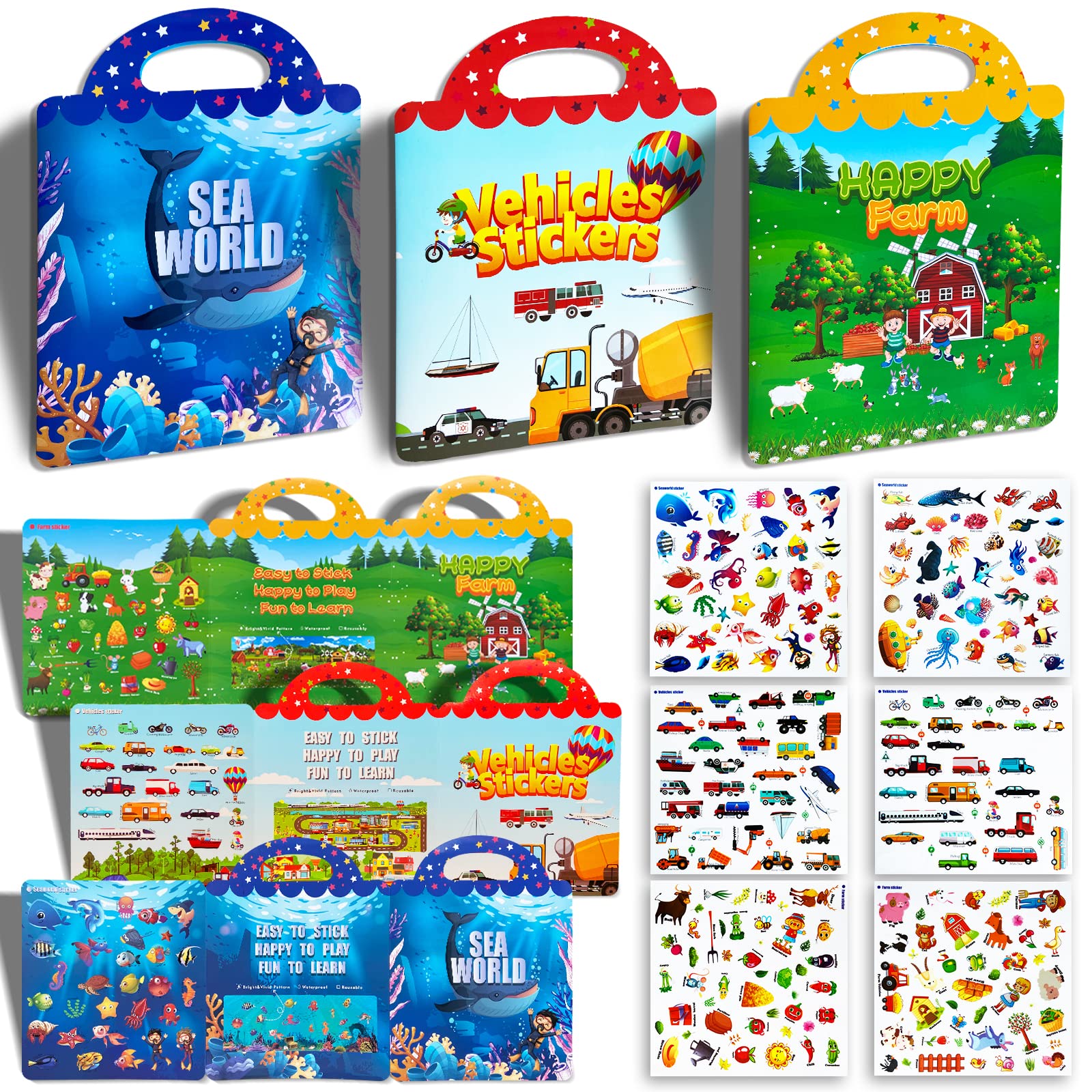 Reusable Sticker Books for Kids 2-4 - Farm, Ocean & Vehicle Stickers for Toddler Learning & Play