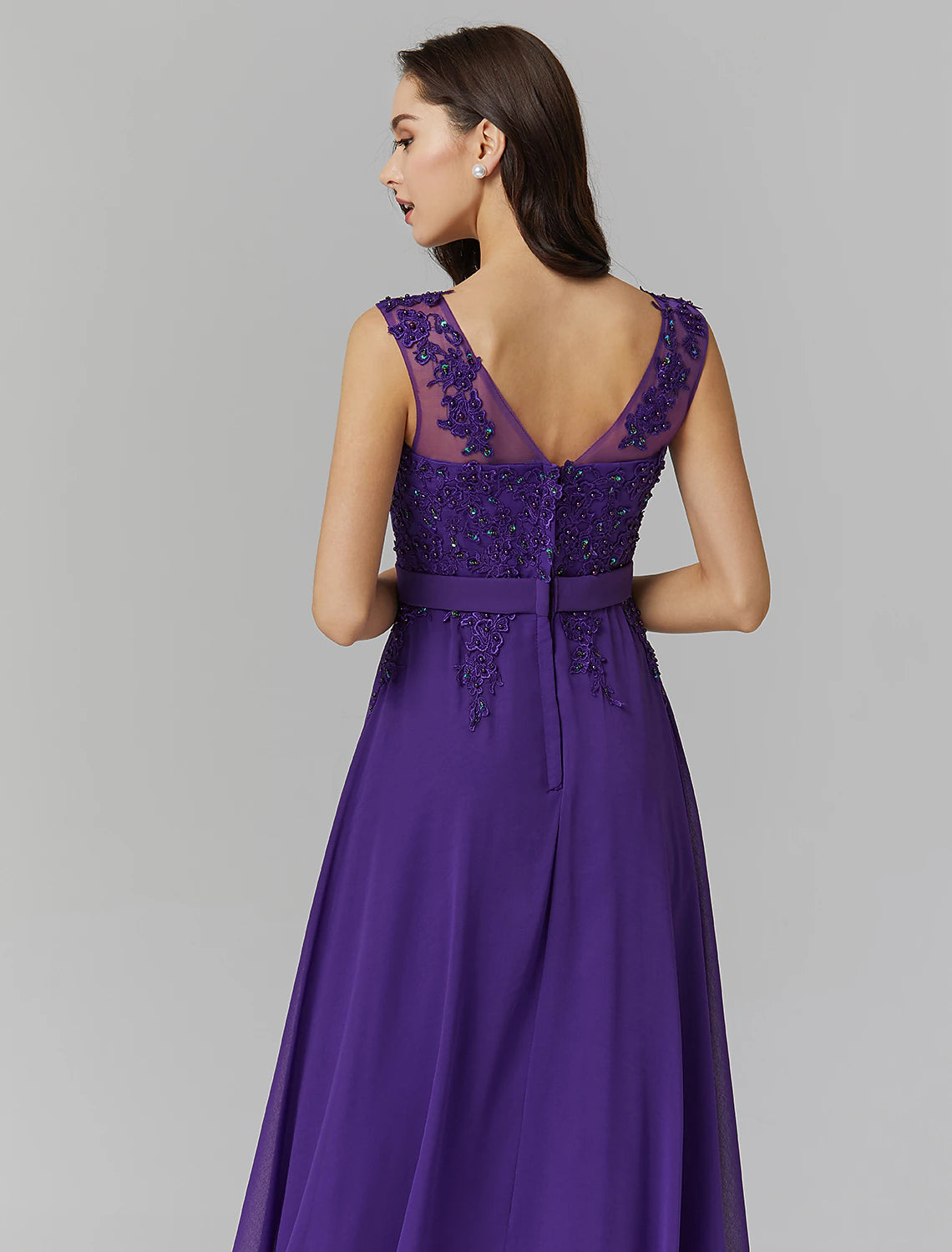 Elegant A-Line Chinese Style Wedding Guest Dress - Floor Length Sleeveless Chiffon Gown with Illusion Neckline, V-Back & Beading Appliques | Perfect for Bridal Showers, Formal Events & Special Occasions