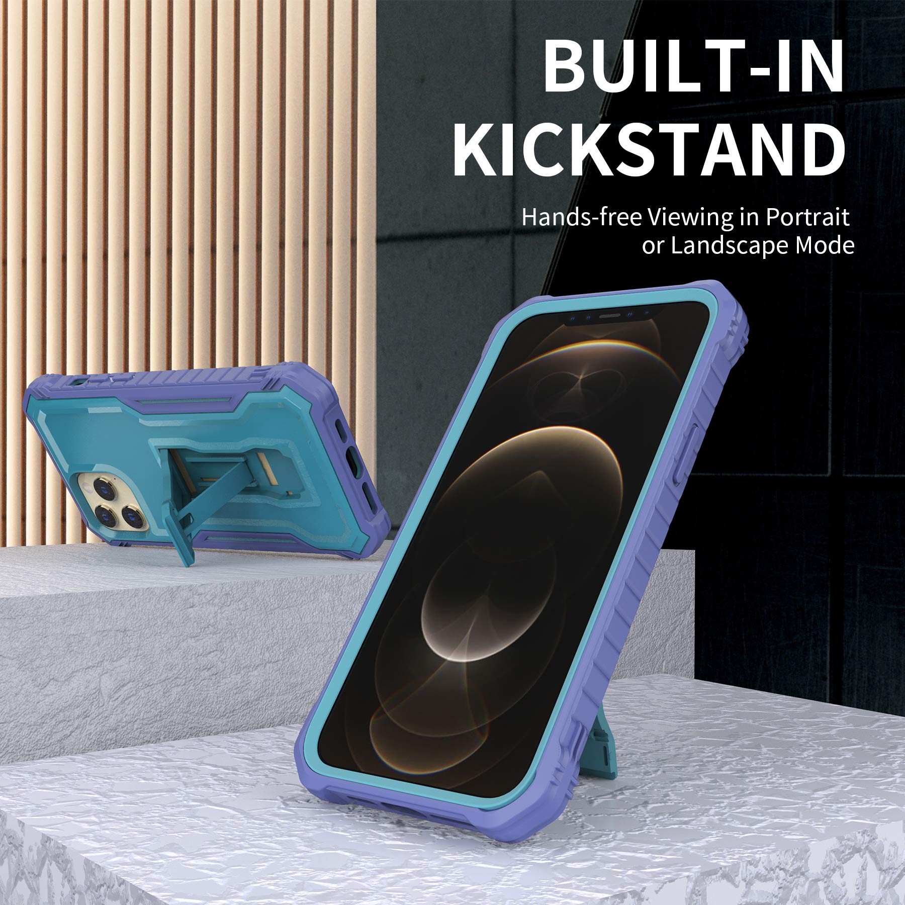 DUOPAL Military Grade Shockproof Case for Apple iPhone 12 Pro Max (6.7 Inch) - Heavy Duty Protective Phone Cover with Tempered Glass Screen Protector & Kickstand (Blue) | Perfect for Outdoor Activities, Travel and Daily Protection