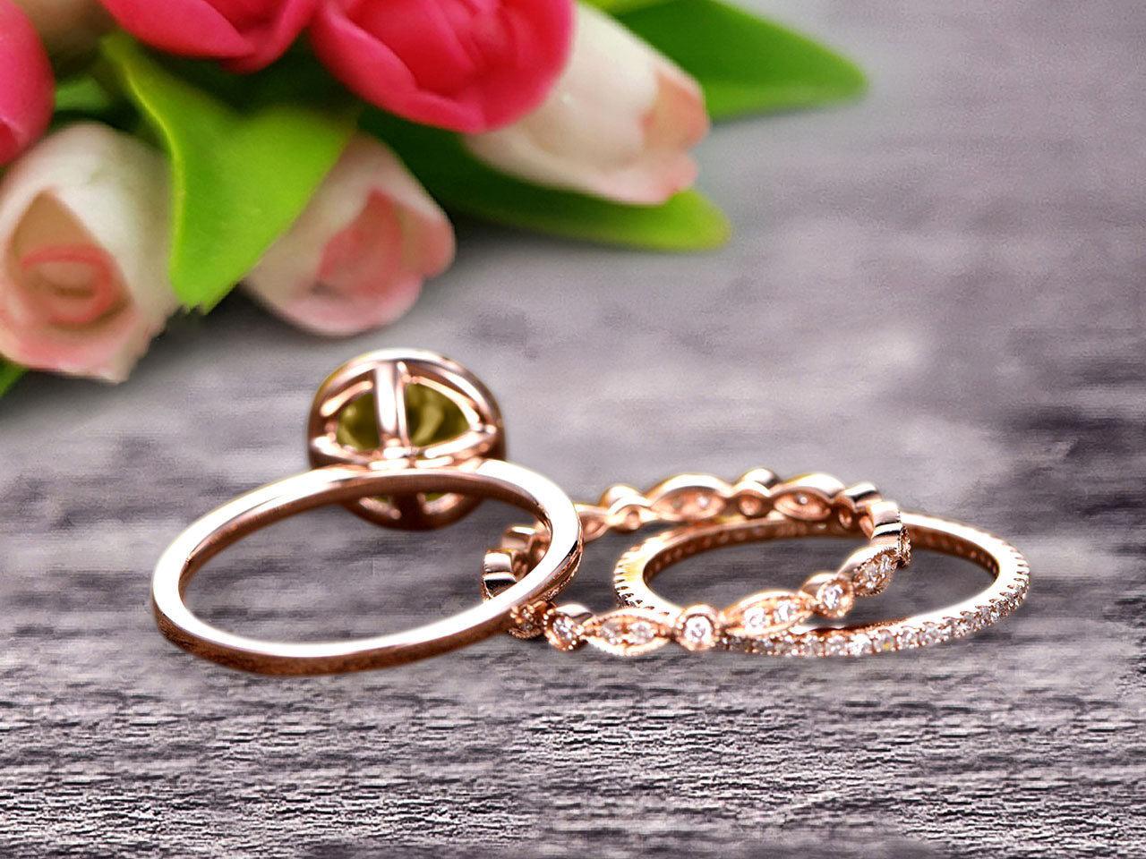 10K Rose Gold Art Deco Wedding Ring Set - 1.75 Carat Round Cut Champagne Moissanite & Matching Band - Anniversary Gift for Women - Perfect for Weddings, Engagements & Special Occasions
