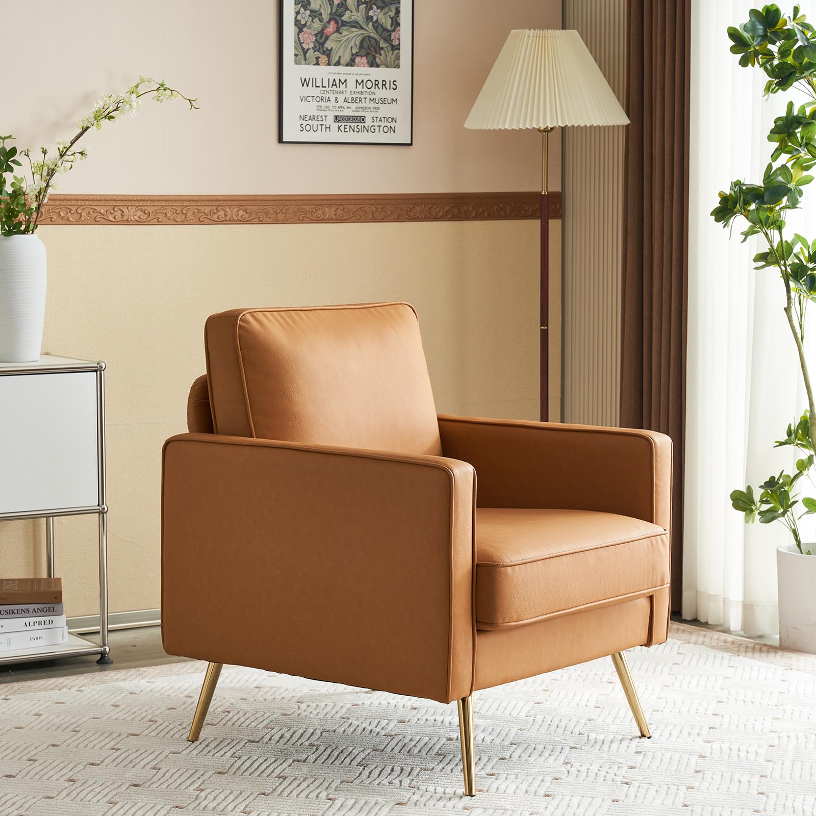 VINGLI Mid Century Modern PU Leather Accent Chair with Gold Legs - Brown Upholstered Armchair for Living Room, Bedroom & Apartment - Perfect for Reading Nook, Home Office or Lounge Area