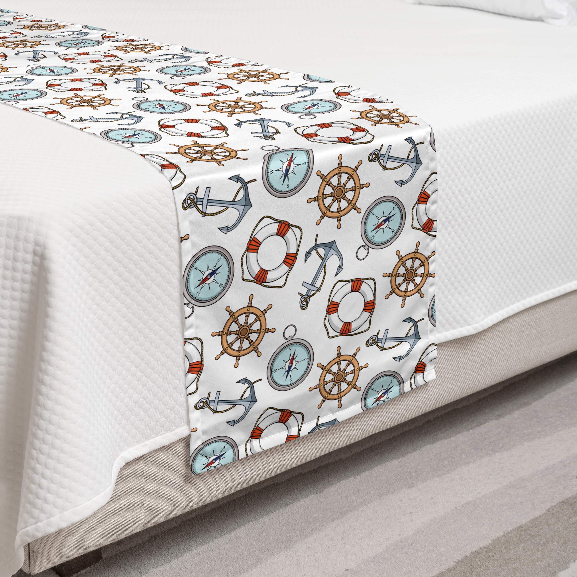 Ambesonne Nautical Compass Bed Runner - Marine Themed with Ship Steering Wheel & Anchor Design, Decorative Bed Scarf for Twin Beds - Multicolor Coastal Decor for Bedrooms, Guest Rooms & Hotels | Perfect for Beach House, Cruise Cabin or Nautical Nursery Theme