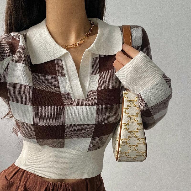 Vintage Knit Crop Top Sweater for Women - Cozy Long Sleeve Plaid Pullover | Fall Winter Fashion, Casual Outfits & Layering Essentials