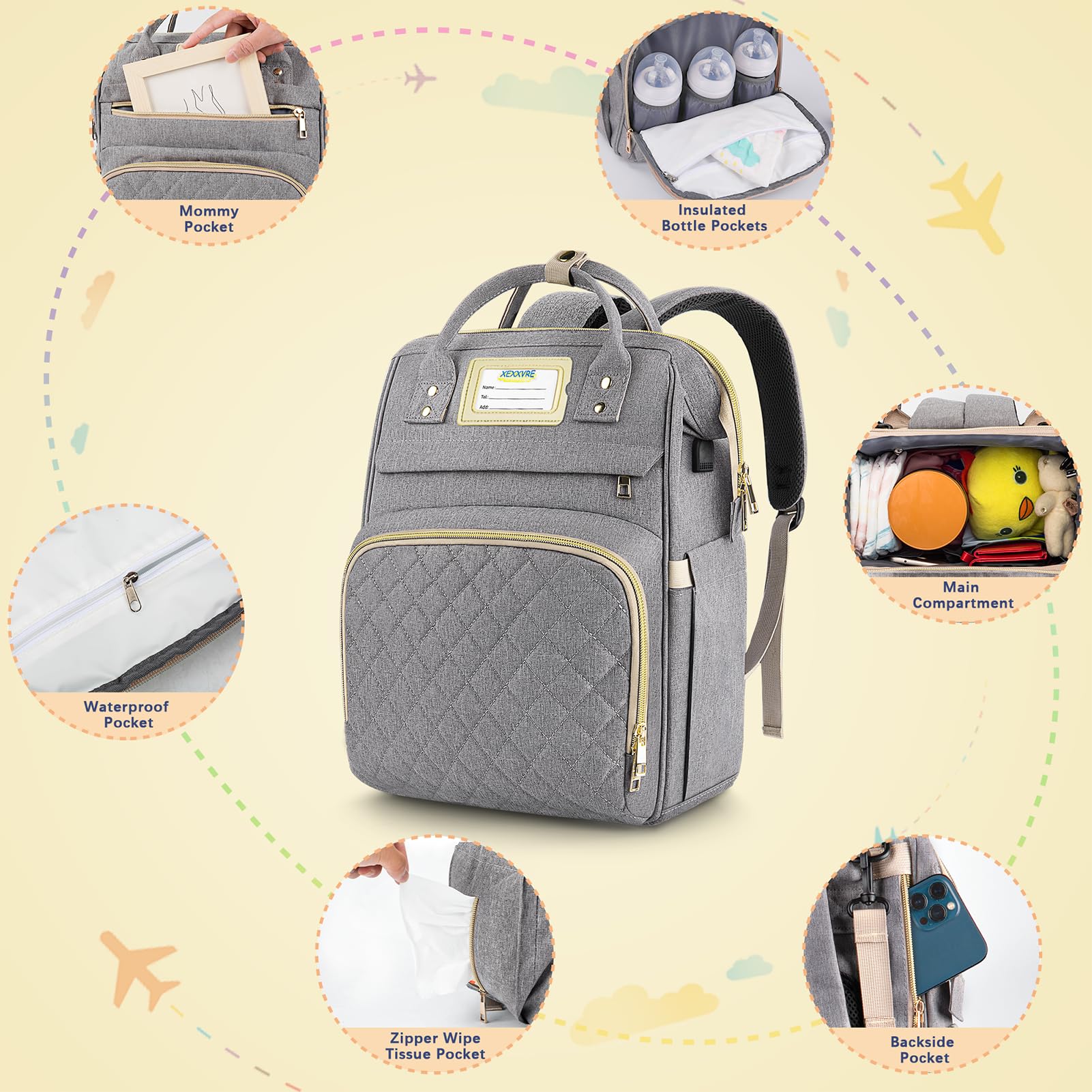 Multifunctional Diaper Backpack for Travel & Maternity - Large Capacity Waterproof Baby Changing Bag for Boys & Girls (Gray) - Perfect for Daycare, Family Outings & Airplane Travel