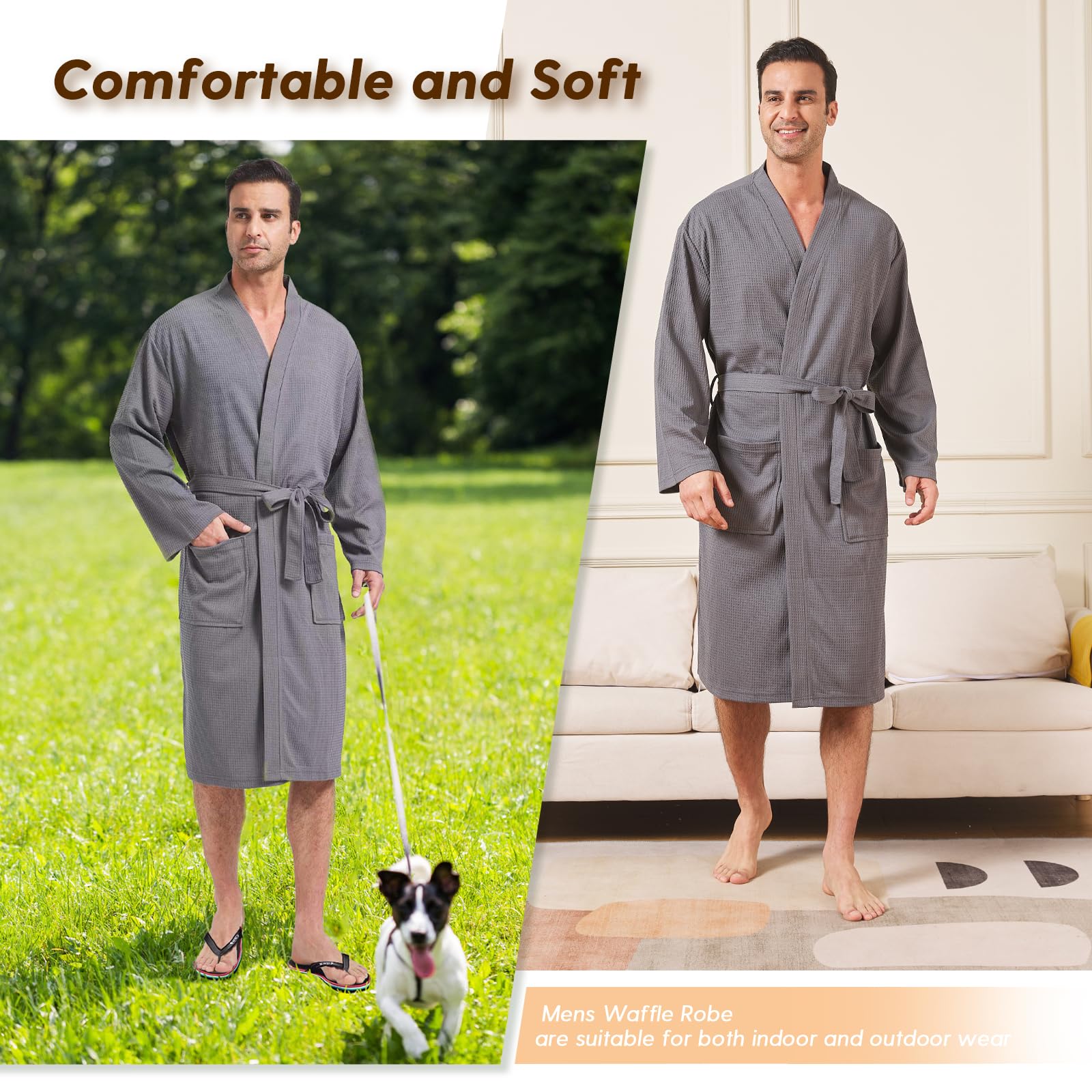 FashGudim Men's Lightweight Waffle Knit Robe - Soft Kimono Spa Bathrobe for Summer, Knee-Length Loungewear - Perfect for Relaxing at Home, Spa Days & Beach Cover-Up