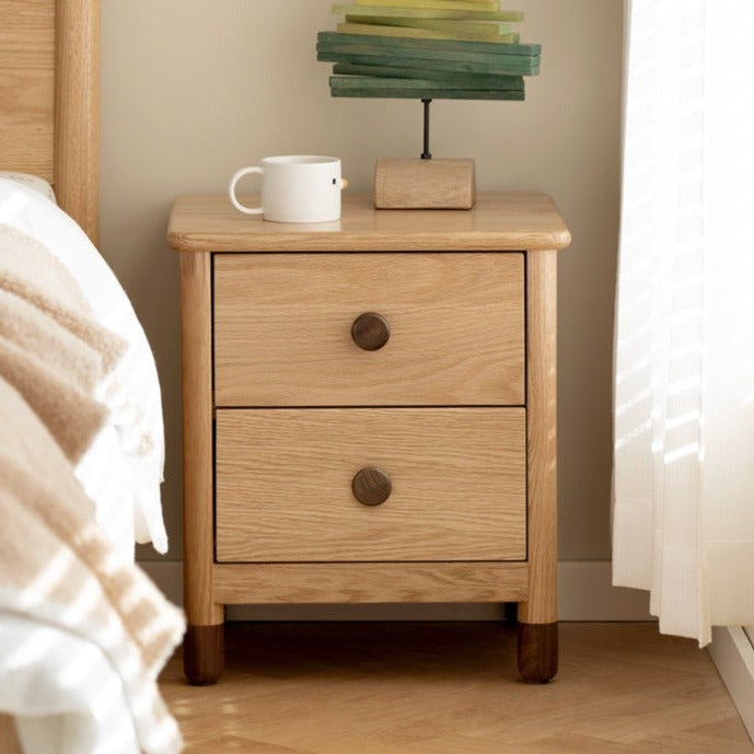 Solid Oak Wood Nightstand with Two Drawers - Bedside Table for Bedroom, Living Room, or Office Storage