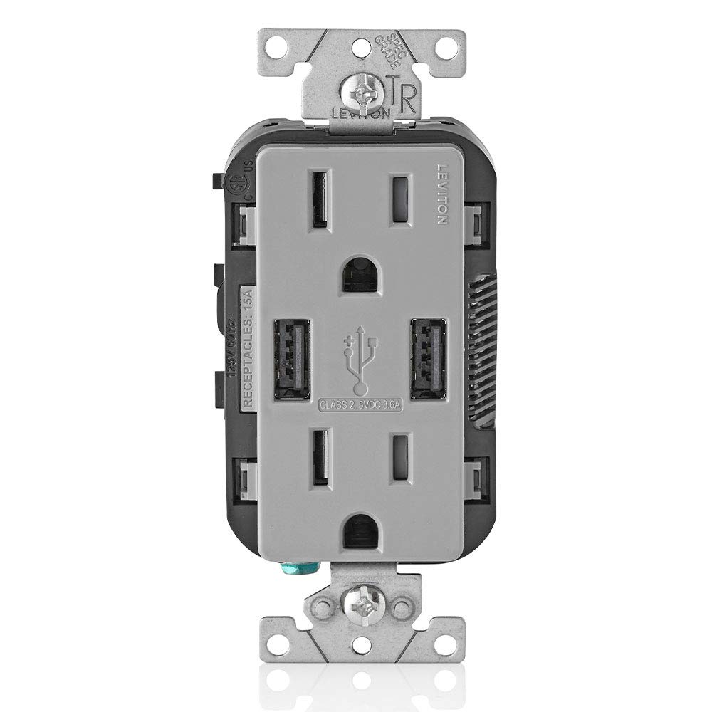 Leviton T5632-G 15A Tamper-Resistant USB Wall Outlet Charger - Dual Type-A Ports for iPhone, Android Smartphones & Tablets - Gray - Perfect for Bedrooms, Offices & Hotels
