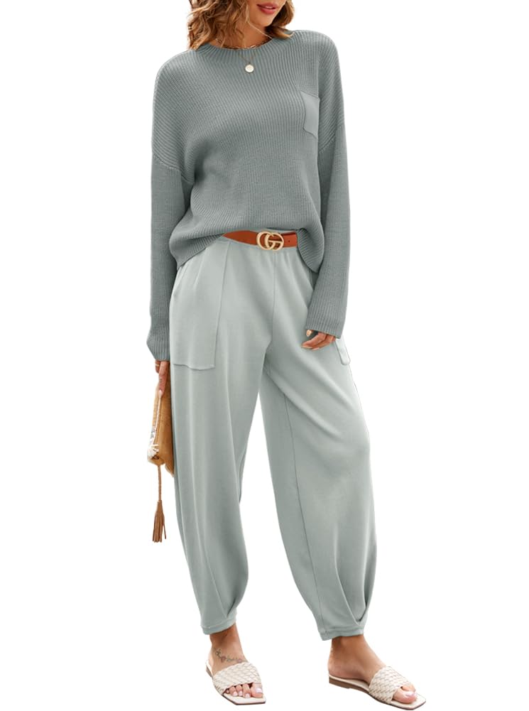 Women's Two Piece Outfits - Long Sleeve Knit Pullover Sweater & High Waisted Lounge Pants Set | Cozy Winter Tracksuit for Casual Wear, Home Relaxing & Street Fashion