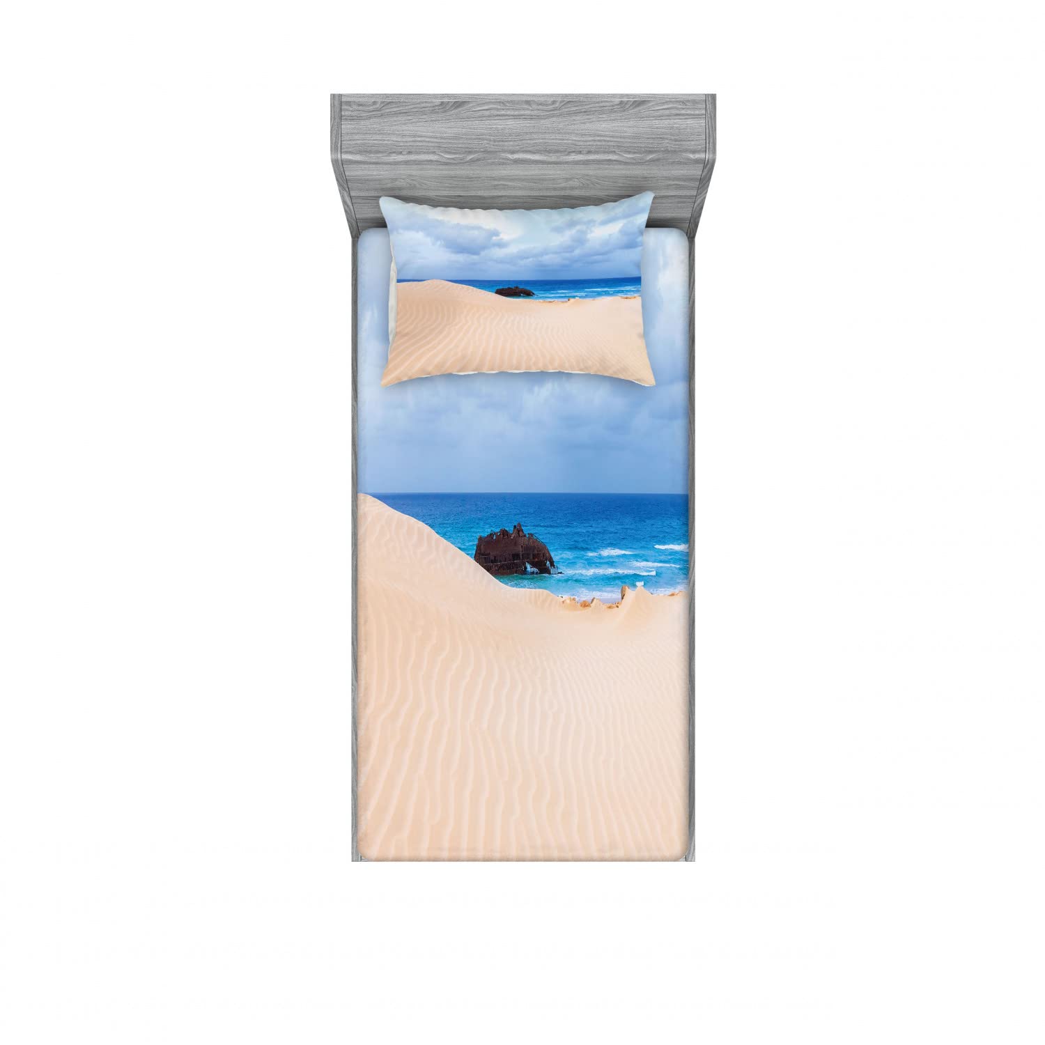 Ambesonne 2-Pack Twin Fitted Sheets & Pillow Sham Set - Nautical Boat Coastal Design in Blue & Cream | 4-Piece Bedding Decor for Beach House, Guest Room & Vacation Homes