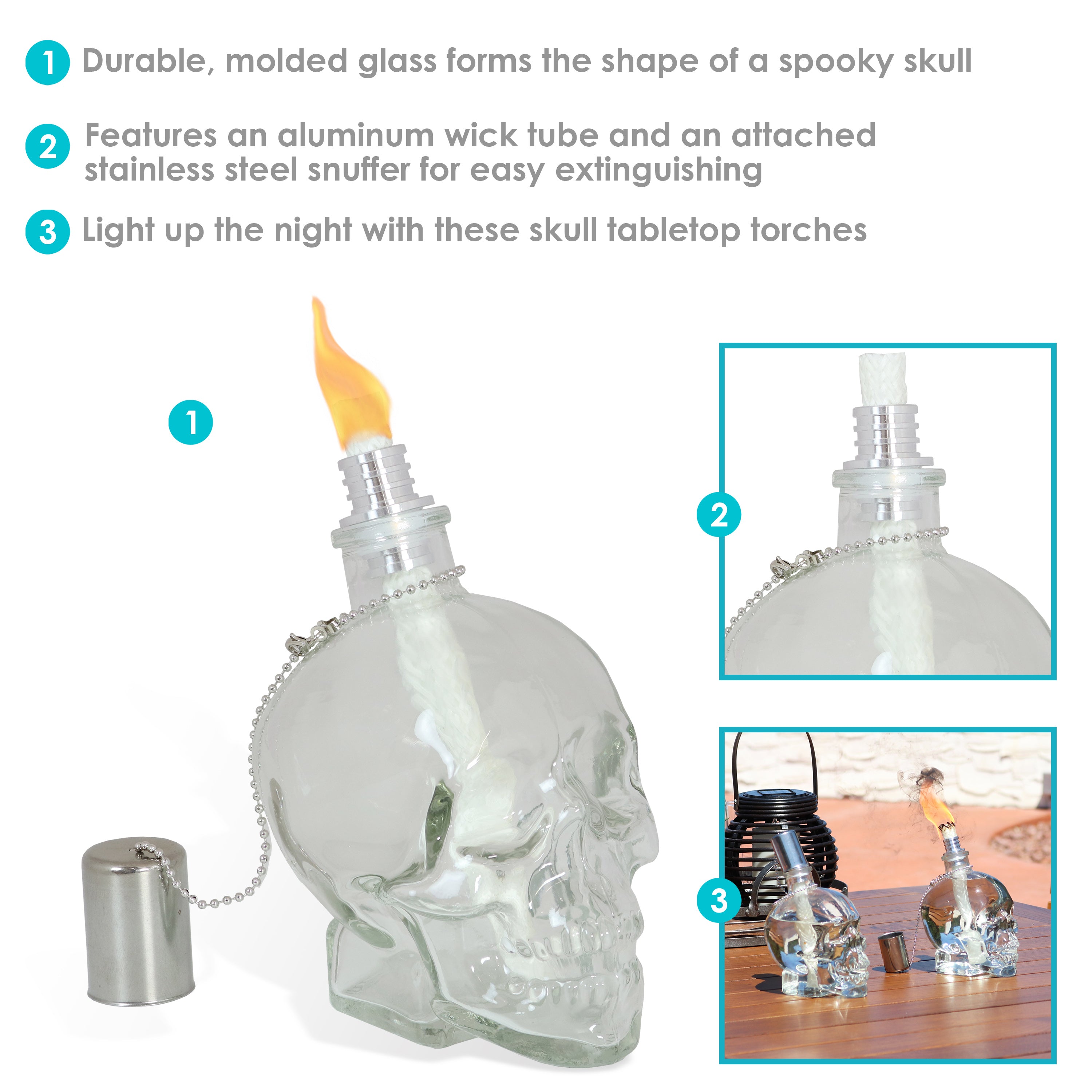 Sunnydaze Grinning Skull Glass Tabletop Torches - Outdoor Halloween Decorations, Patio Fire Pit Accessories, Spooky Party Centerpieces for Backyard, Garden & Poolside Gatherings
