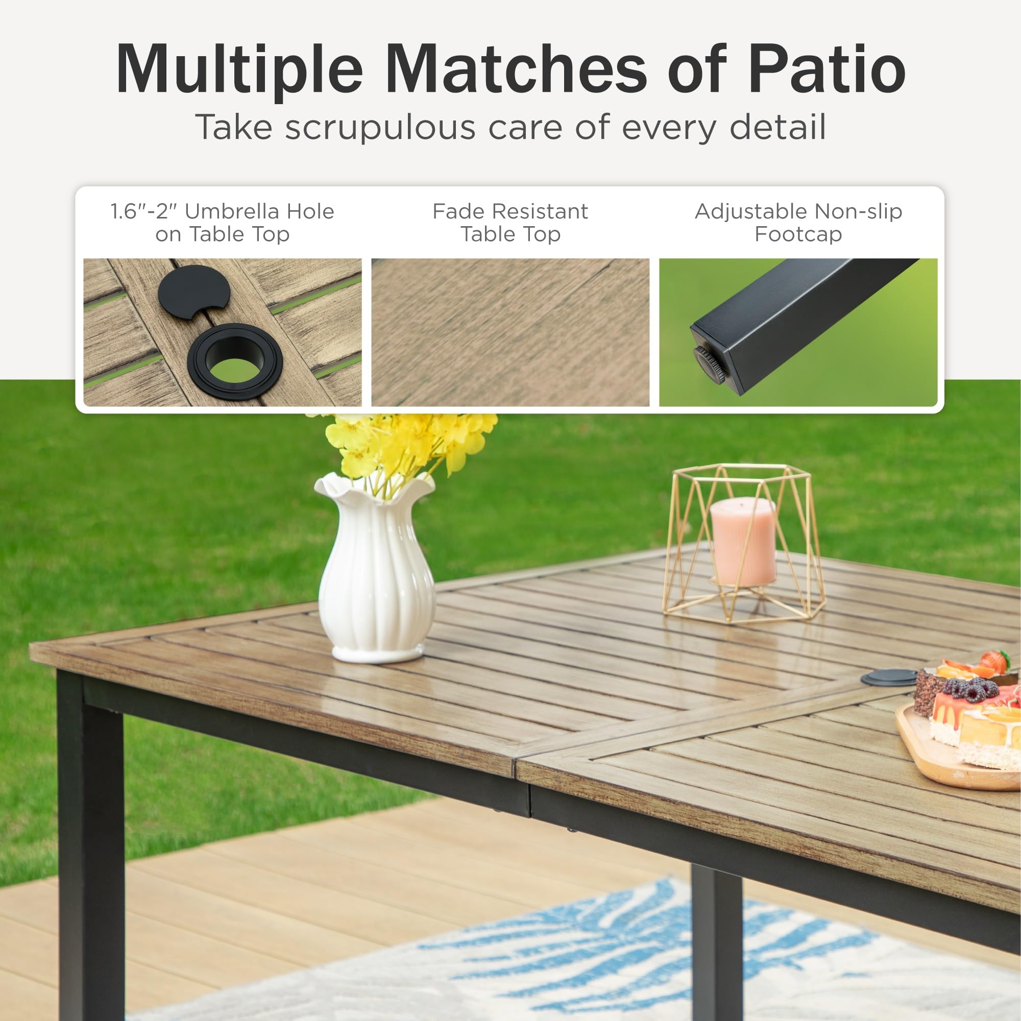 PHI VILLA 64-Inch Rectangular Outdoor Dining Table - Weather-Resistant Wood-Like Tabletop with Umbrella Hole - Patio, Lawn, Backyard & Garden Furniture (Brown) | Perfect for Outdoor Entertaining, BBQs & Poolside Dining