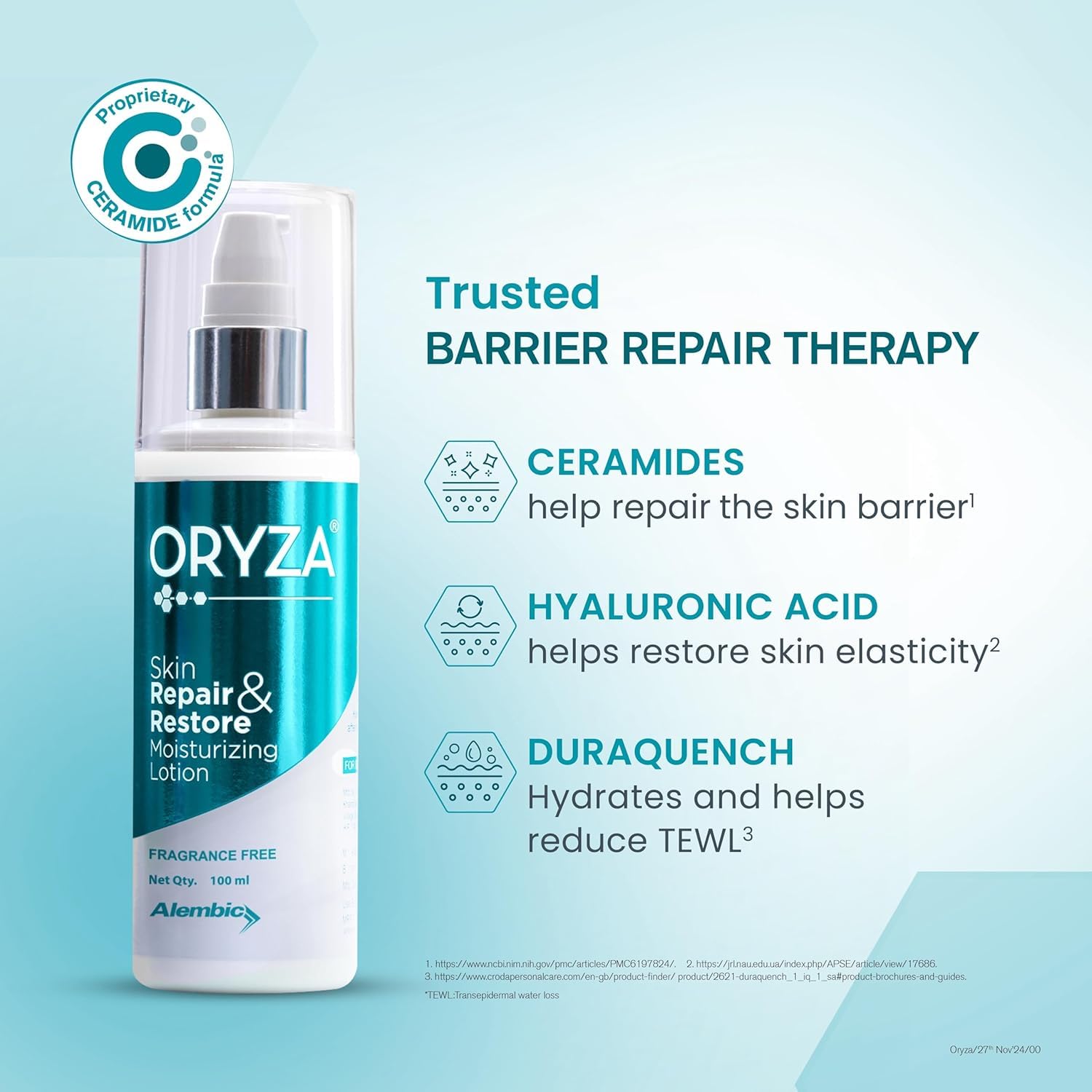 Oryza 3:1:1 Hydrating Lotion for Dry & Sensitive Skin - Ceramide & Hyaluronic Acid Moisturizer for Face & Body - Long Lasting Hydration & Skin Repair - 100ml (Pack of 1) - Perfect for Daily Skincare Routine & Post-Shower Moisturizing