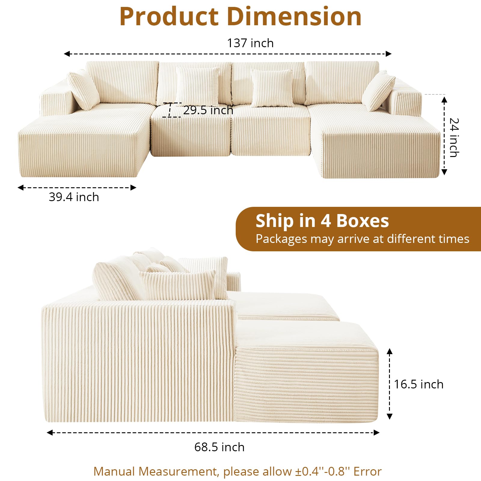 GARVEE 137 Modular Sectional Sofa - 4 Seater U-Shaped Convertible Sleeper Couch with Chaise Lounge | Cloud-Like Comfort, Corduroy Fabric, No Assembly Required | Perfect for Living Room, Bedroom & Small Apartments