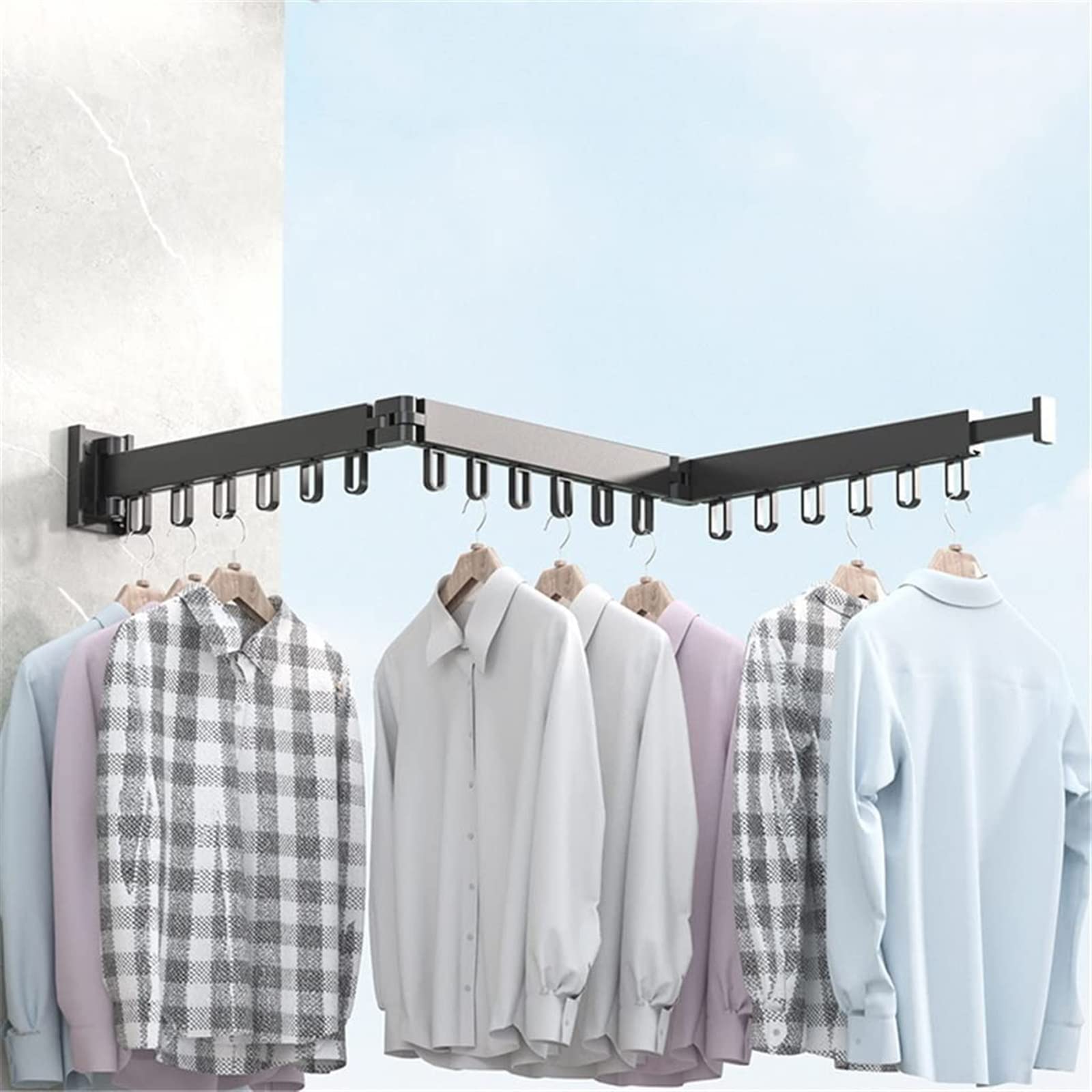 Space Saving Wall Mounted Folding Clothes Hanger - Retractable Aluminum Laundry Drying Rack with 3 Rods & 18 Hooks (Black) - Perfect for Small Apartments, Bathrooms & Balconies