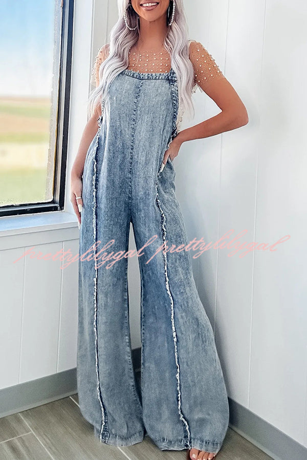 Vintage Washed Denim Jumpsuit for Women - Raw Edge Elastic Waist Wide Leg Romper | Casual Outfit, Boho Chic Style, Streetwear Fashion for Everyday Wear