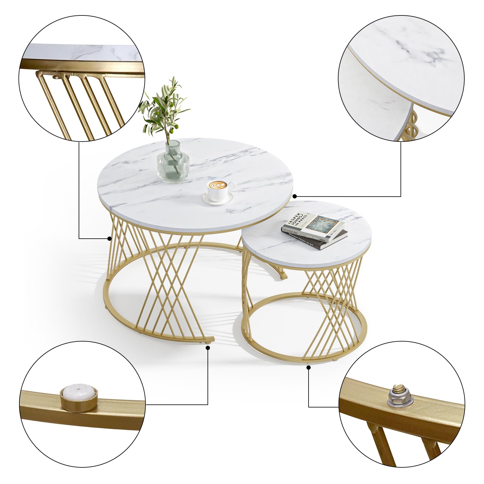 Giluta Round Coffee Table Set of 2 - Modern Faux Marble Nesting Tables for Living Room, Bedroom & Office - Stylish Center Table & Nightstand for Small Spaces