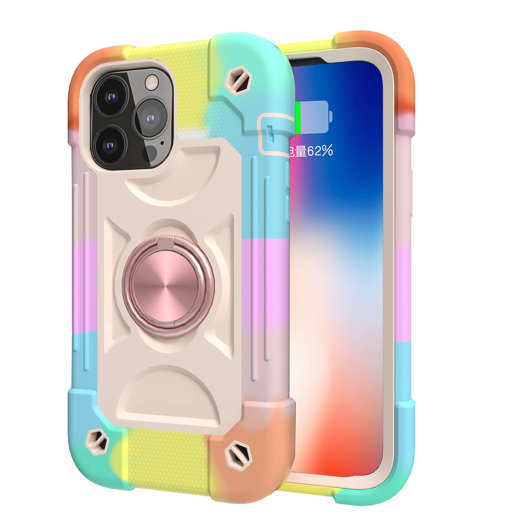 Omio iPhone 12 Pro Max Case (6.7 Inch) - Military Grade Shockproof Phone Cover with Ring Stand & Magnetic Car Mount | Heavy Duty Protection for Women & Men | Rainbow Pink Design | Perfect for Work, Travel & Outdoor Activities