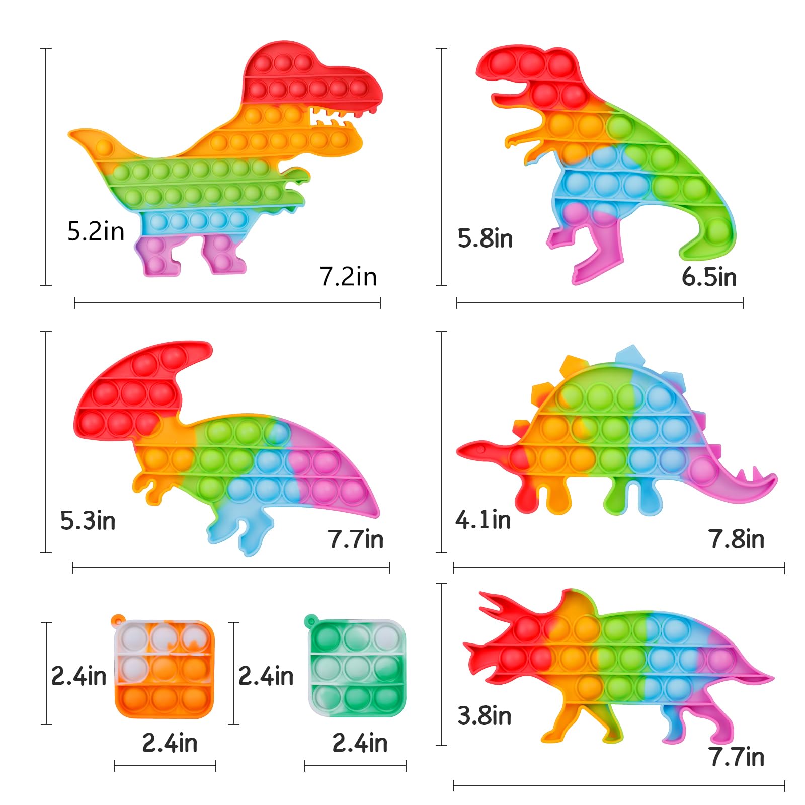 Dinosaur Pop Fidget Toys Set - 7 Pack Silicone Rainbow Sensory Stress Relief Toys for Kids & Adults with ADHD, Autism - Squeeze Popper for Anxiety, Focus & Classroom Use