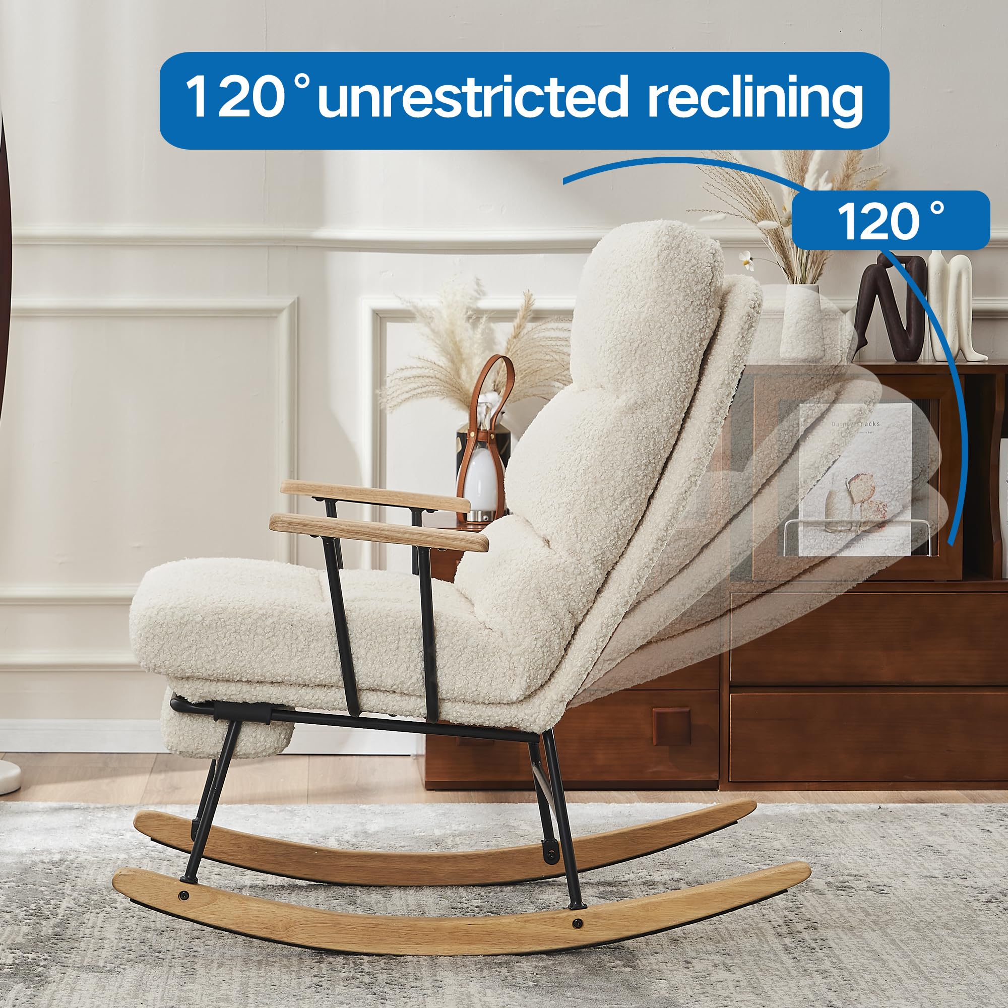 WIIS' IDEA Teddy Gliding Rocking Chair with High Back - Retractable Footrest & Adjustable Back Angle - Nursery Rocker for Baby Room, Living Room, Bedroom - Soft Beige Fabric - Perfect for Nursing, Reading & Relaxation