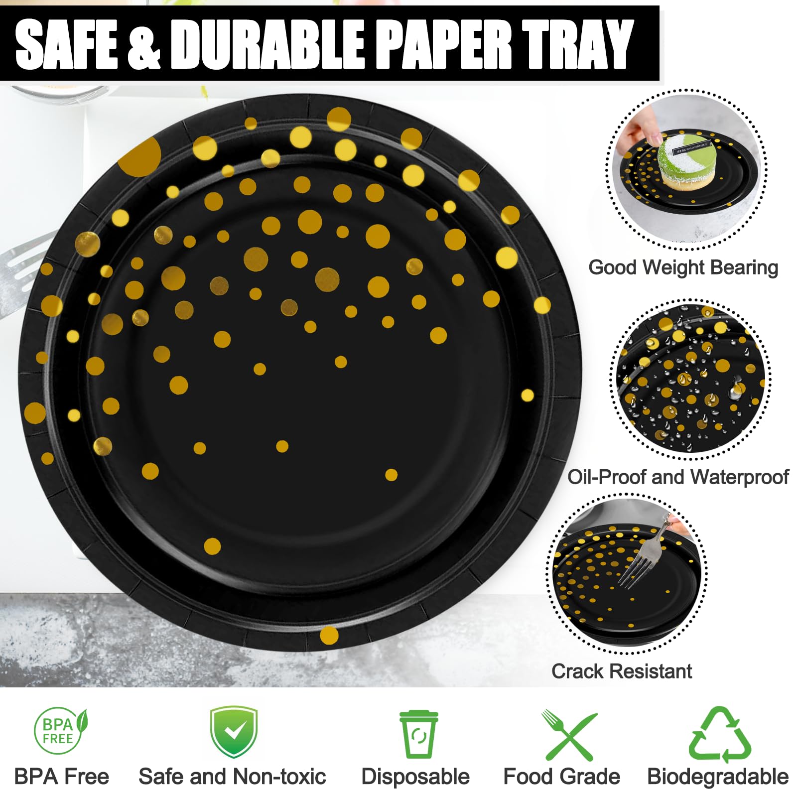 Black and Gold Disposable Paper Dessert Plates 7 Inch (50-Pack) - Elegant Gold Dot Cake Plates for Parties, Halloween, Birthdays & Special Events - Perfect for Desserts, Snacks & Beautiful Party Decorations