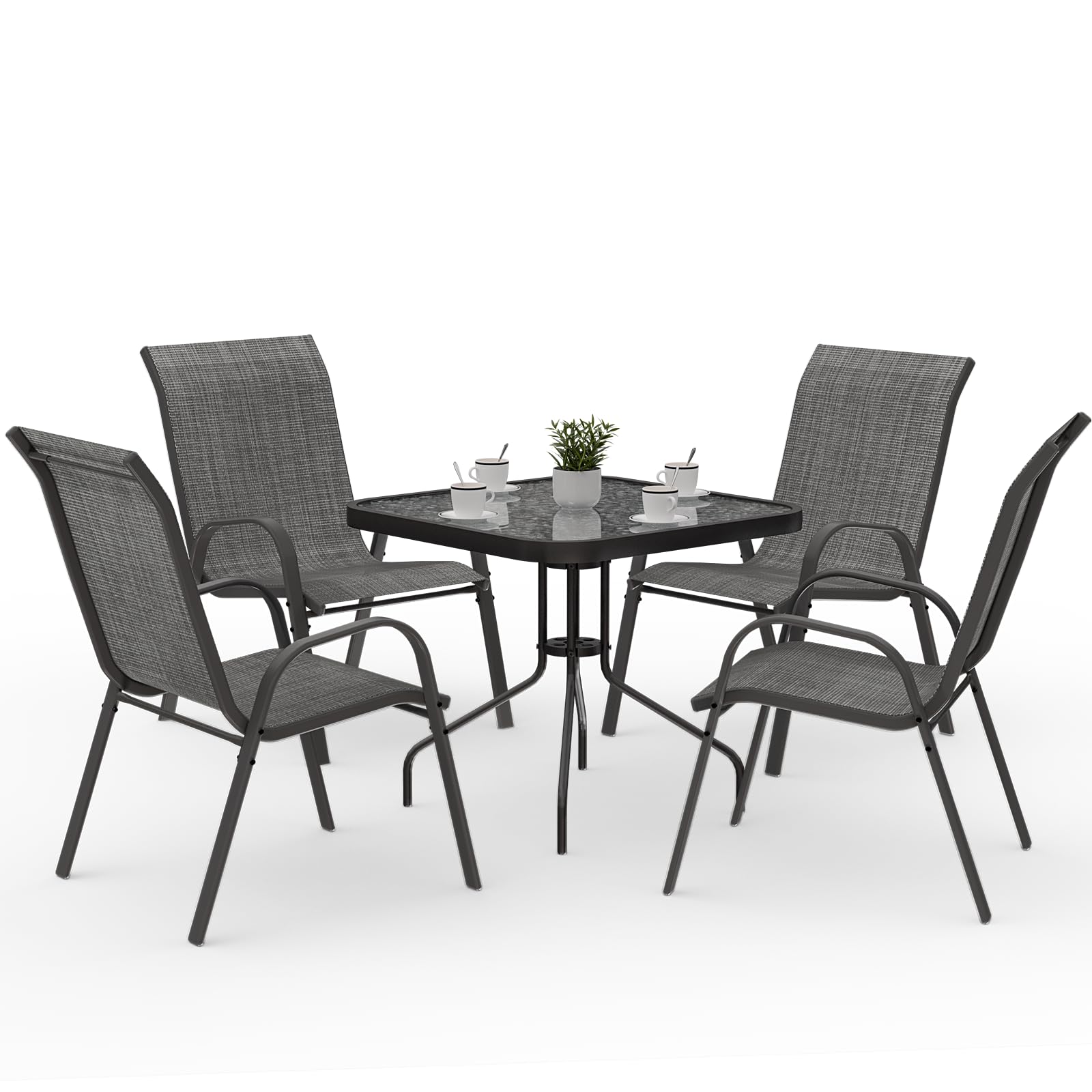 Amopatio 5-Piece Outdoor Dining Set with Textured Glass Tabletop & 4 Stackable Chairs - Patio, Balcony, Porch, Lawn Furniture - Dark Grey | Perfect for Backyard BBQs, Garden Parties & Outdoor Entertaining
