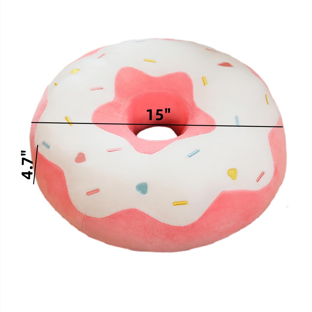 YUDONG 15-Inch Round Donut Pillow - Soft Plush Cushion for Couch, Chair, Floor & Sofa - Funny Food-Shaped Stuffed Decor (White & Pink) | Perfect for Home Decor, Kids Room, Office & Lounge Relaxation