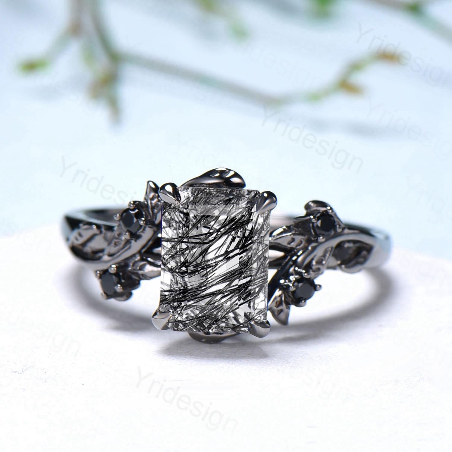 Black Gold Rutilated Quartz Engagement Ring - Emerald Cut Twig Vine Design with Spinel Cluster, Elegant Promise Gift for Her, Perfect for Weddings, Anniversaries & Special Occasions