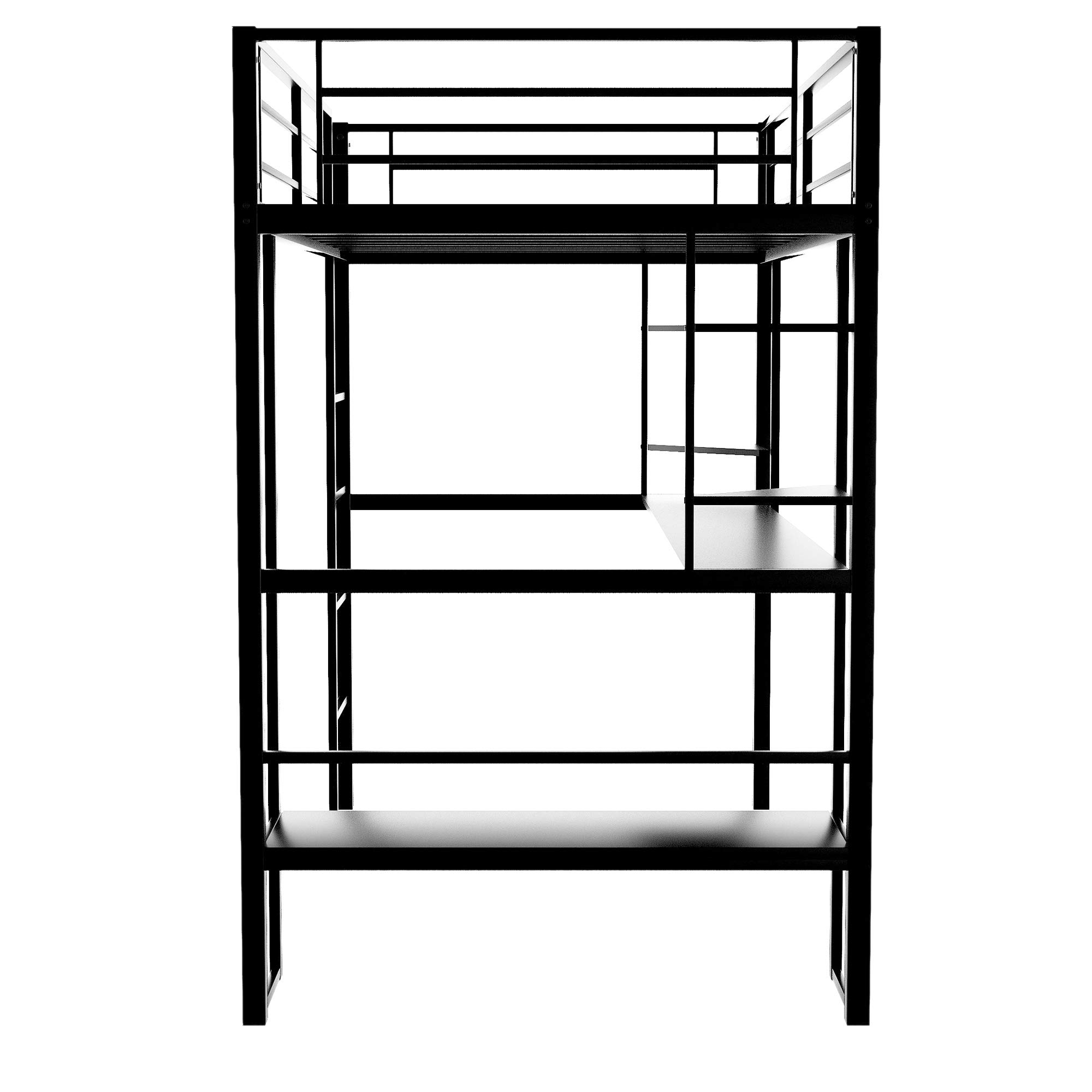 Full Metal Loft Bed with Long Desk, Shelves & Safety Guardrails - Space Saving Twin/Queen Size Bed Frame with Ladder, No Box Spring Required - Perfect for Small Apartments, Dorms & Kids Rooms