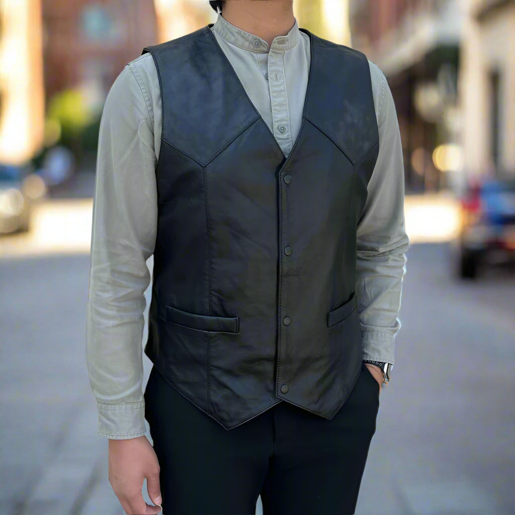 Men's Genuine Sheepskin Leather Vest with Snap Button Closure & Front Pockets - Perfect for Outdoor Adventures, Motorcycle Riding & Casual Wear