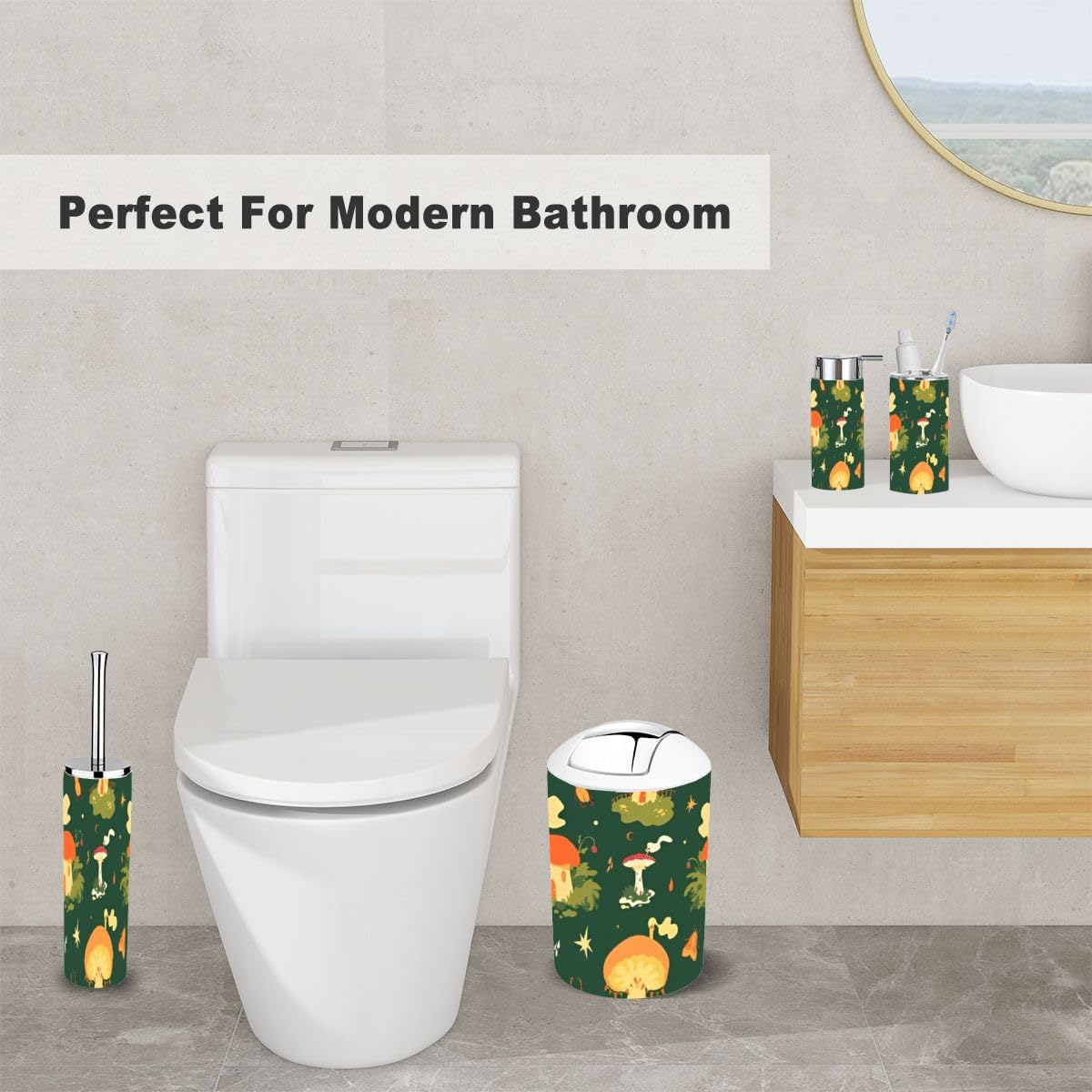 6-Piece Mushroom Fairy Village Bathroom Accessory Set - Toothbrush Holder, Cup, Soap Dispenser, Dish, Toilet Brush & Trash Can - Cute Seamless Mushroom House Decor for Kids & Fantasy Theme Bathrooms