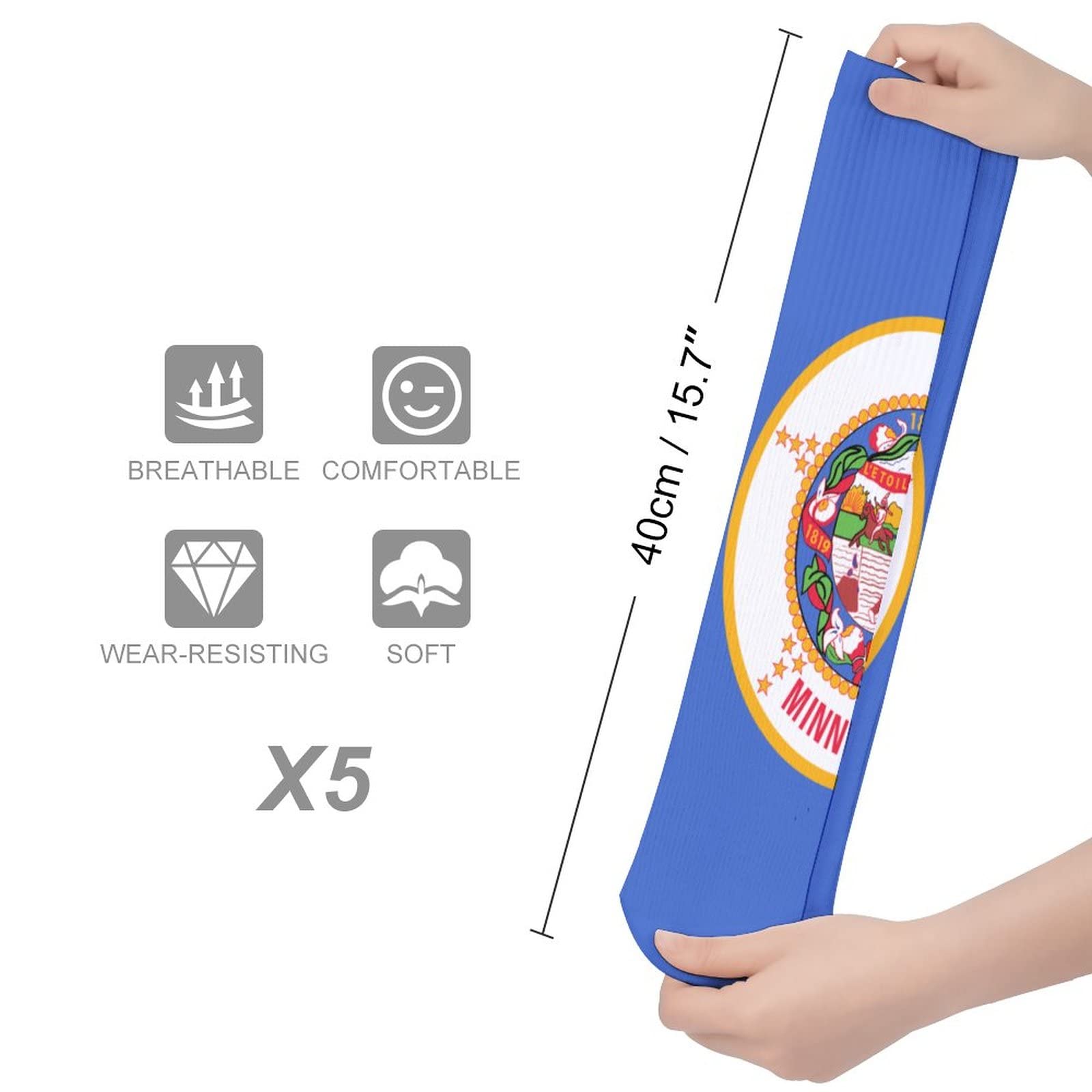 Minnesota State Flag Socks - 5 Pairs Moisture Wicking Breathable Athletic Socks for Men & Women - Perfect for Running, Hiking, Gym Workouts and Casual Wear