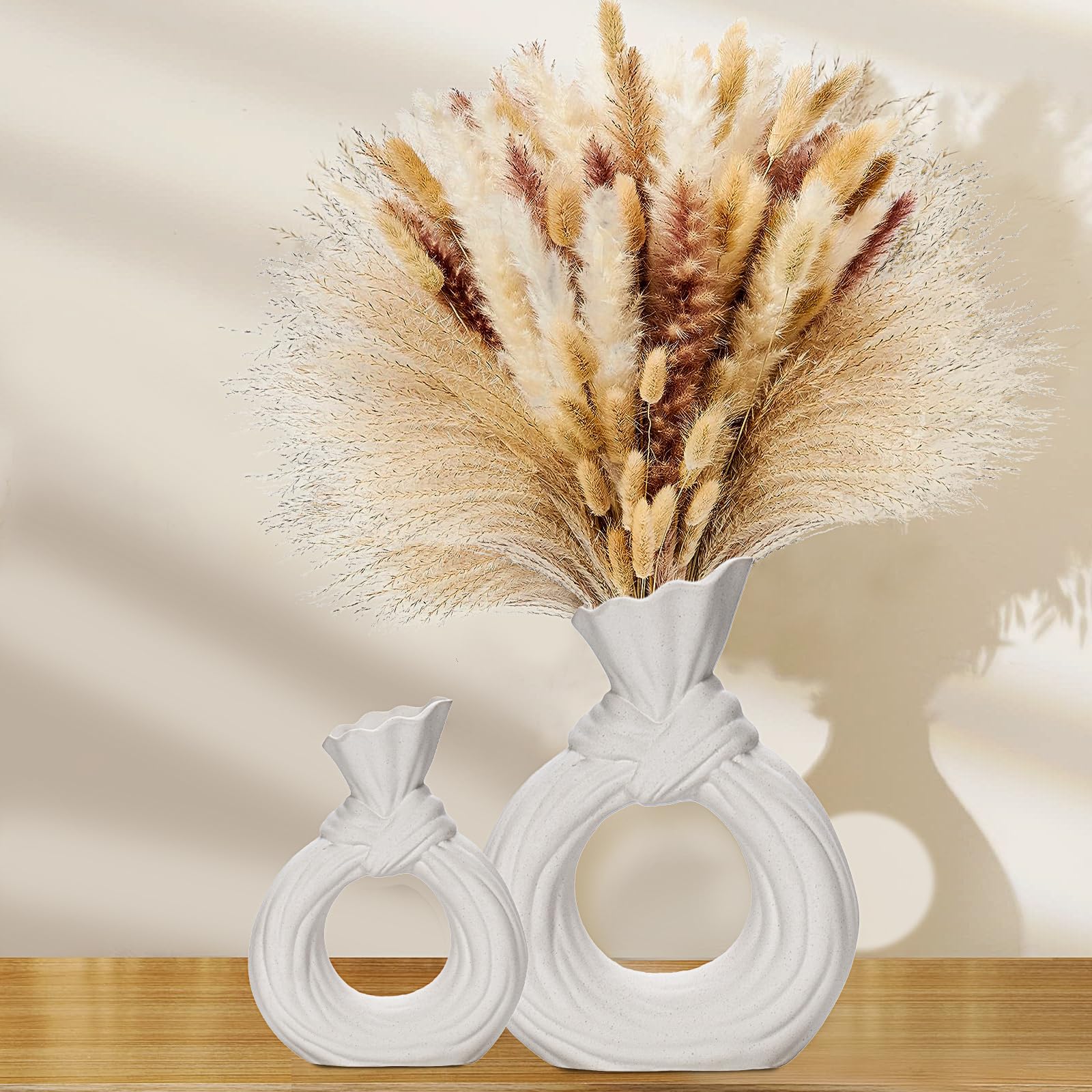 White Ceramic Vases Set of 2 - Modern Nordic Boho Style Hollow Donut Vases for Home Decor | Minimalist Flower Vases for Living Room, Bedroom & Office | Perfect Wedding, Housewarming Gift