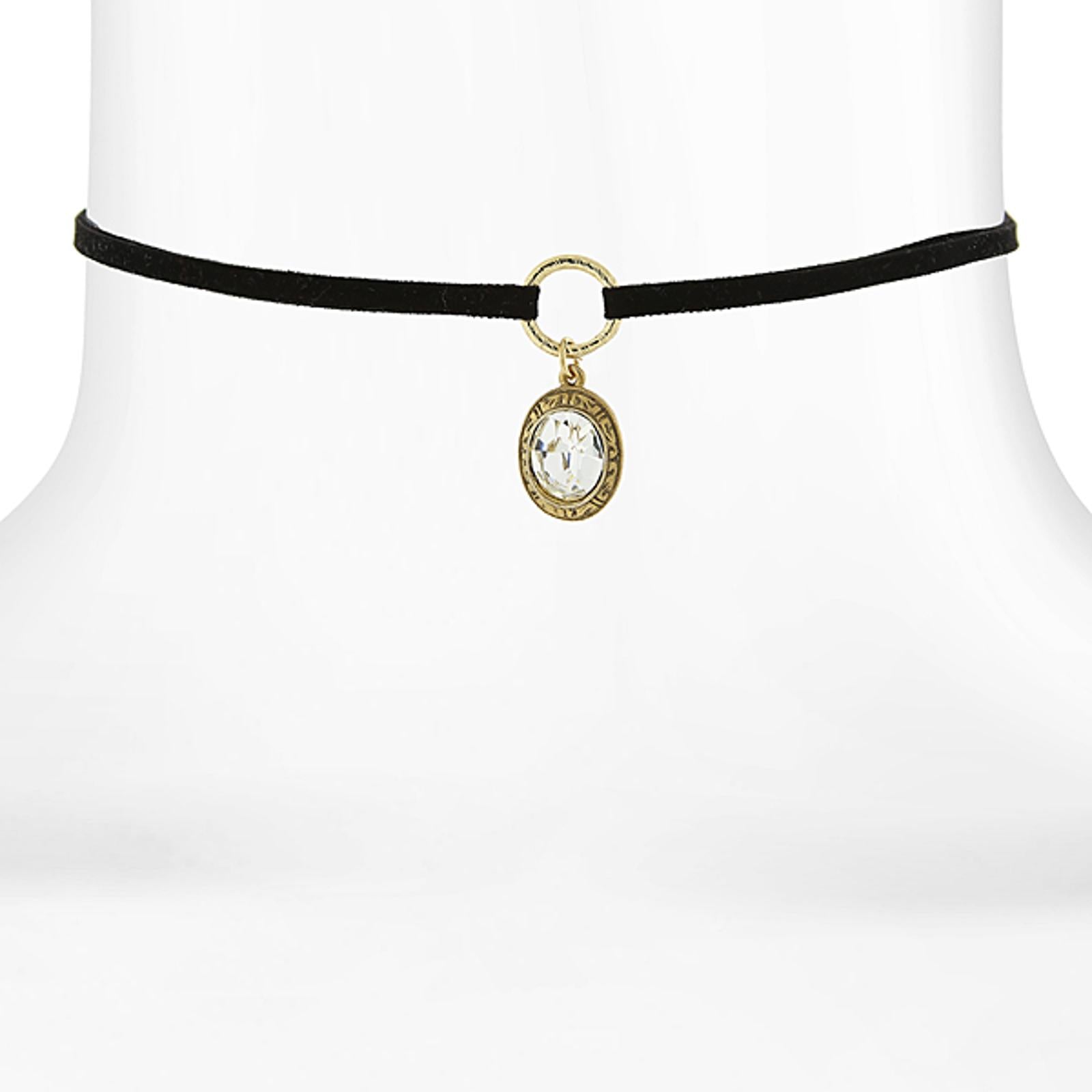 1928 Jewelry Oval Austrian Crystal Pendant Black Suede Choker Necklace with 12+5 Extender - Elegant Vintage Necklace for Women, Perfect for Evening Parties, Weddings & Special Occasions