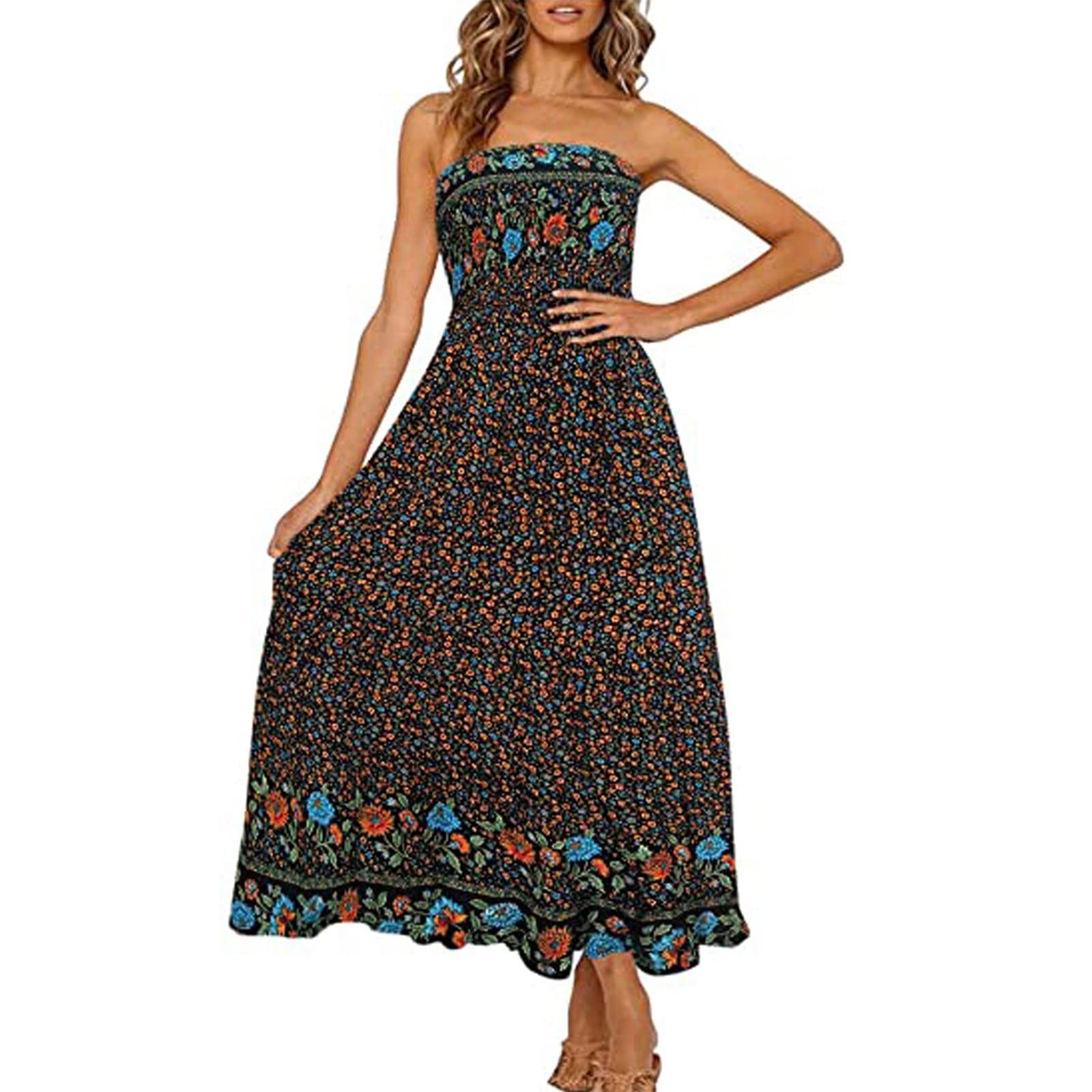 Women's Floral Print Strapless Summer Dress - Sleeveless Ruffle Beach Dress for Juniors | Perfect for Prom, Vacation & Casual Wear