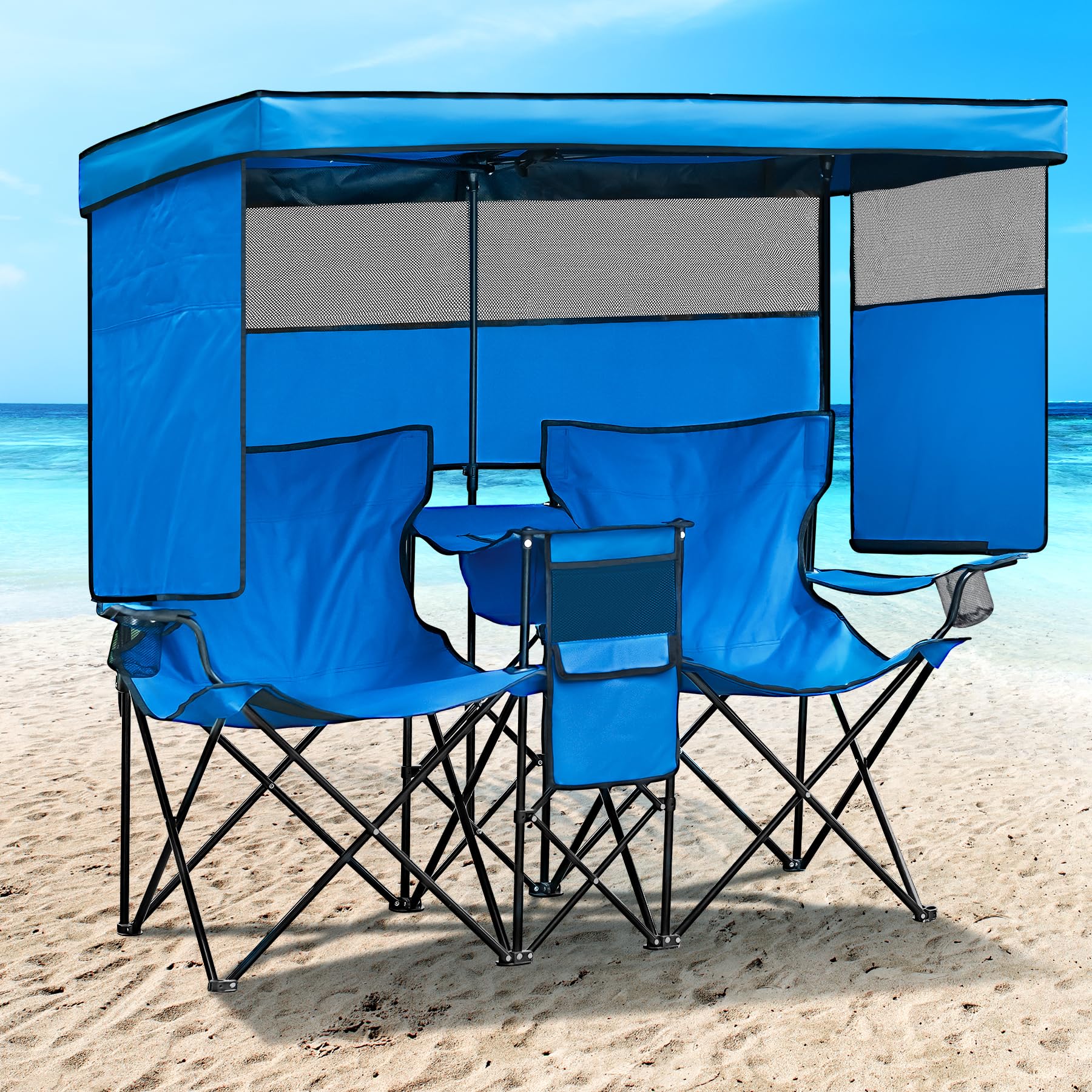 Double Camping Chair with Canopy Shade & Cup Holder - Portable Folding Loveseat with Cooler Bag for Beach, Sports, Lawn, Patio & Outdoor Activities - Perfect for Picnics, Camping Trips & Backyard Relaxation