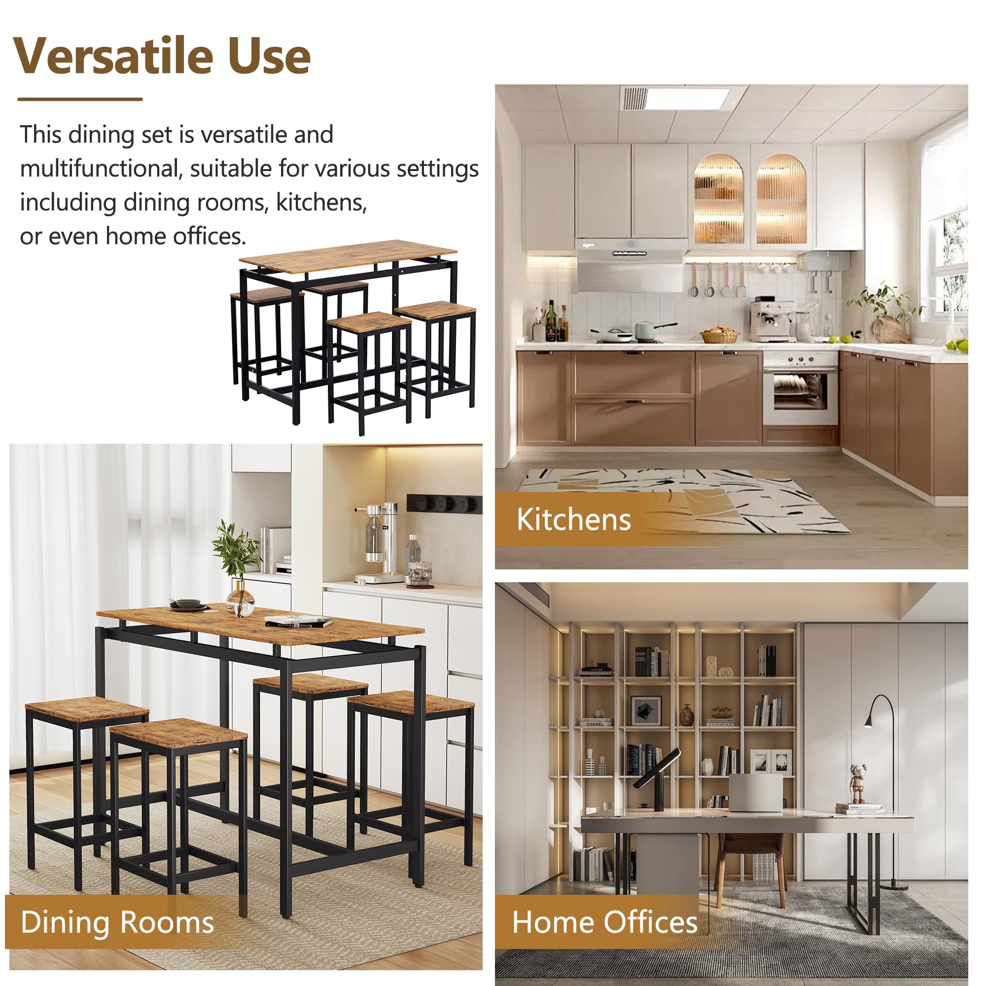 Modern 5-Piece Counter Height Pub Table Set with 4 Chairs, Brown - Perfect for Bars, Breakfast Nooks, Kitchens, and Small Dining Spaces