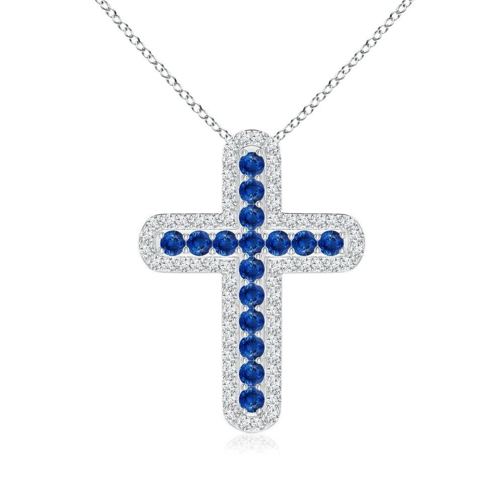 Blue Sapphire & White Sapphire Cross Pendant Necklace - Elegant Religious Jewelry for Women, Perfect for Baptism, First Communion & Everyday Wear