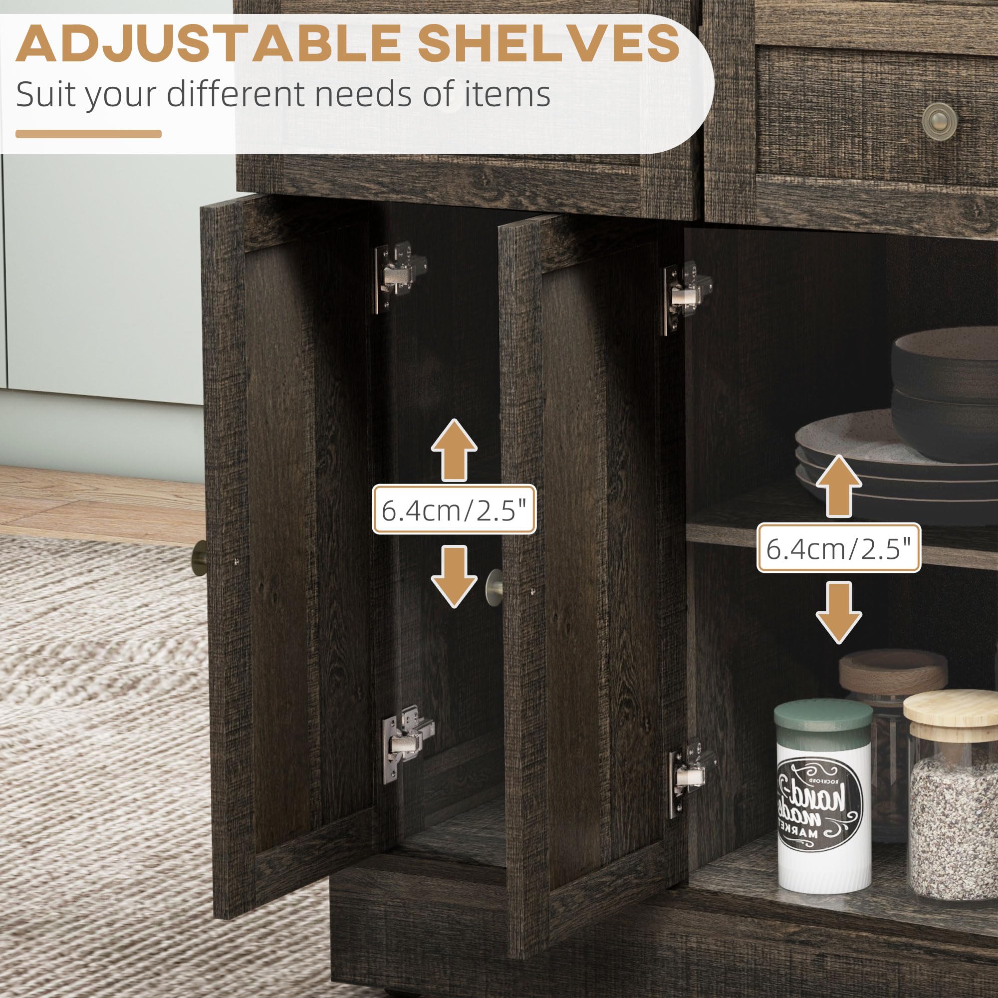 HOMCOM Triple-Cabinet Kitchen Island with Wheels - Rolling Storage Cabinet with Drawers, Wood Countertop, Towel Rack & Spice Stand - Distressed Brown Finish for Modern Farmhouse Kitchen, Dining Room or Small Space Organization