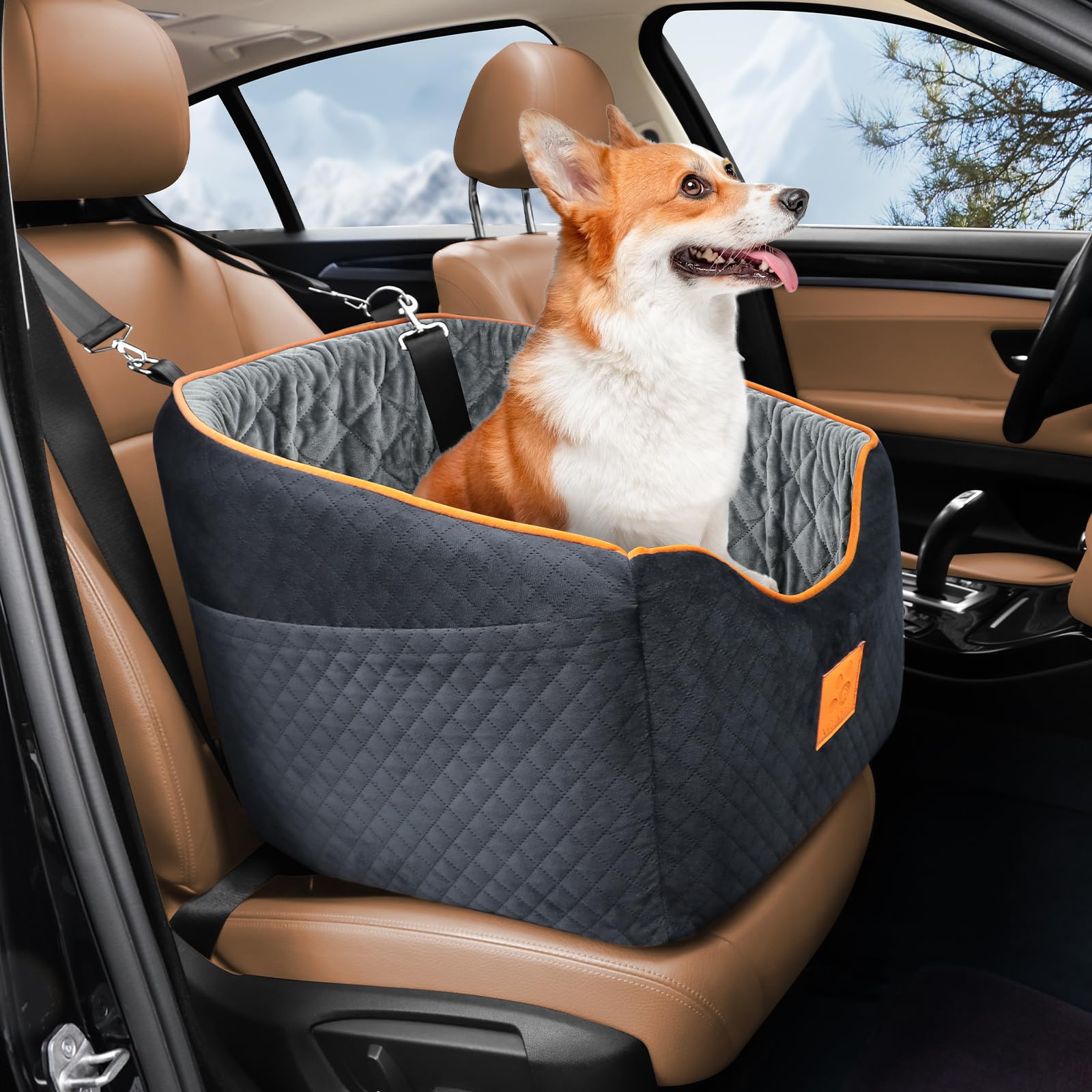 **Memory Foam Dog Car Seat for Small Dogs up to 35 lbs - Washable & Removable Cover with Storage Pockets (Black/Gray) - Perfect for Road Trips, Vet Visits & Daily Commutes**