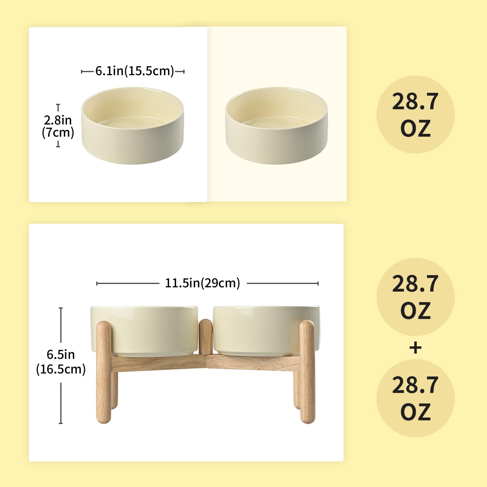 SPUNKYJUNKY Elevated Dog Bowls with Wooden Stand - 28.7oz Ceramic Raised Pet Food & Water Bowls for Small to Medium Dogs (Cream White) - Perfect for Dining Areas, Kitchens & Pet Feeding Stations