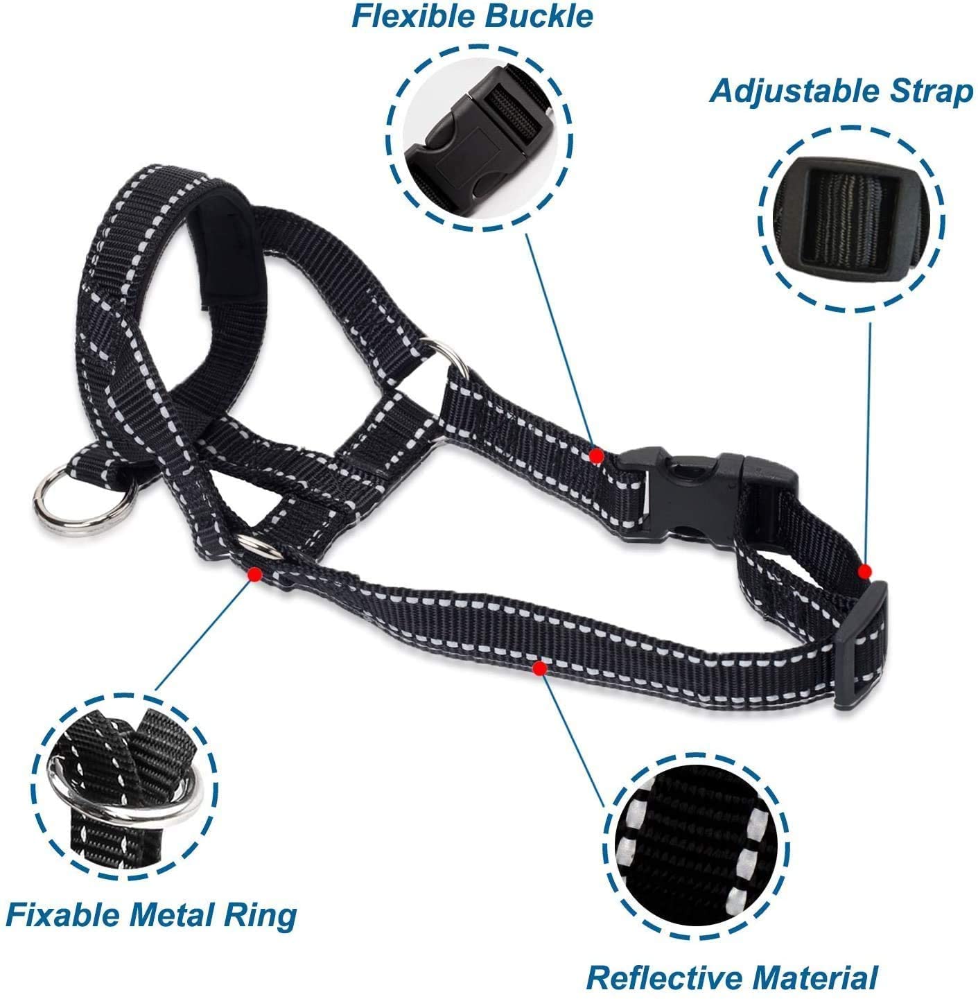 Reflective Dog Head Halter with Safety Strap - No Pull Training Collar for Small, Medium & Large Dogs (Black, Size M) - Perfect for Night Walks, Obedience Training & Aggressive Pullers