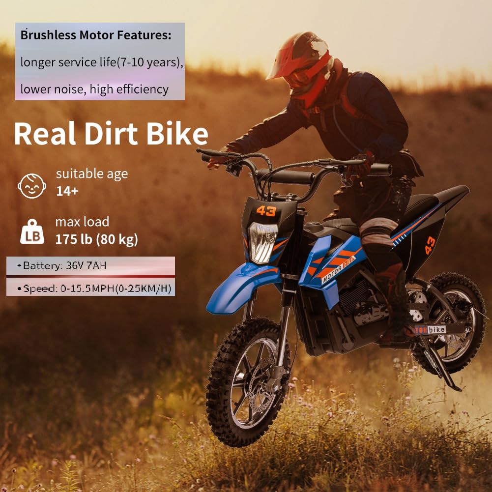 GARVEE 36V Kids Electric Dirt Bike - 350W Motor, 15.5MPH Speed, LED Lights, 175lbs Weight Capacity (Black) | Perfect for Off-Road Adventures, Backyard Riding & Outdoor Fun for Kids Ages 6-12