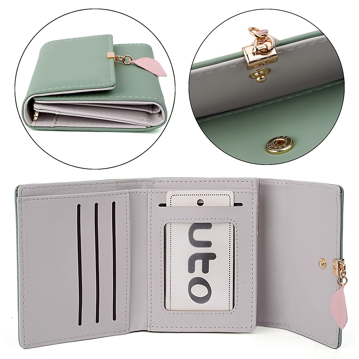 UTO RFID Blocking Wallet for Women - PU Leather Leaf Pendant Card Holder with Zipper Coin Purse | Phone & Checkbook Organizer | Perfect for Travel, Shopping & Everyday Use