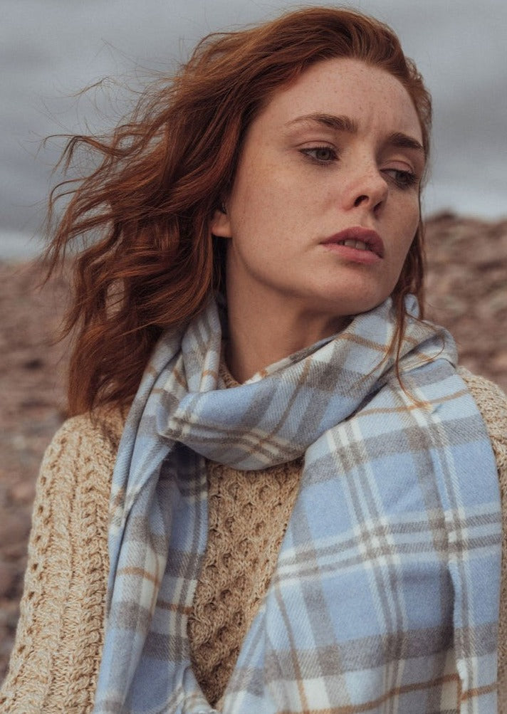 John Hanly Merino Wool Scarf - Soft & Warm Winter Accessory for Men & Women, Blue Cream Plaid Pattern - Perfect for Cold Weather, Outdoor Activities & Fashion Layering