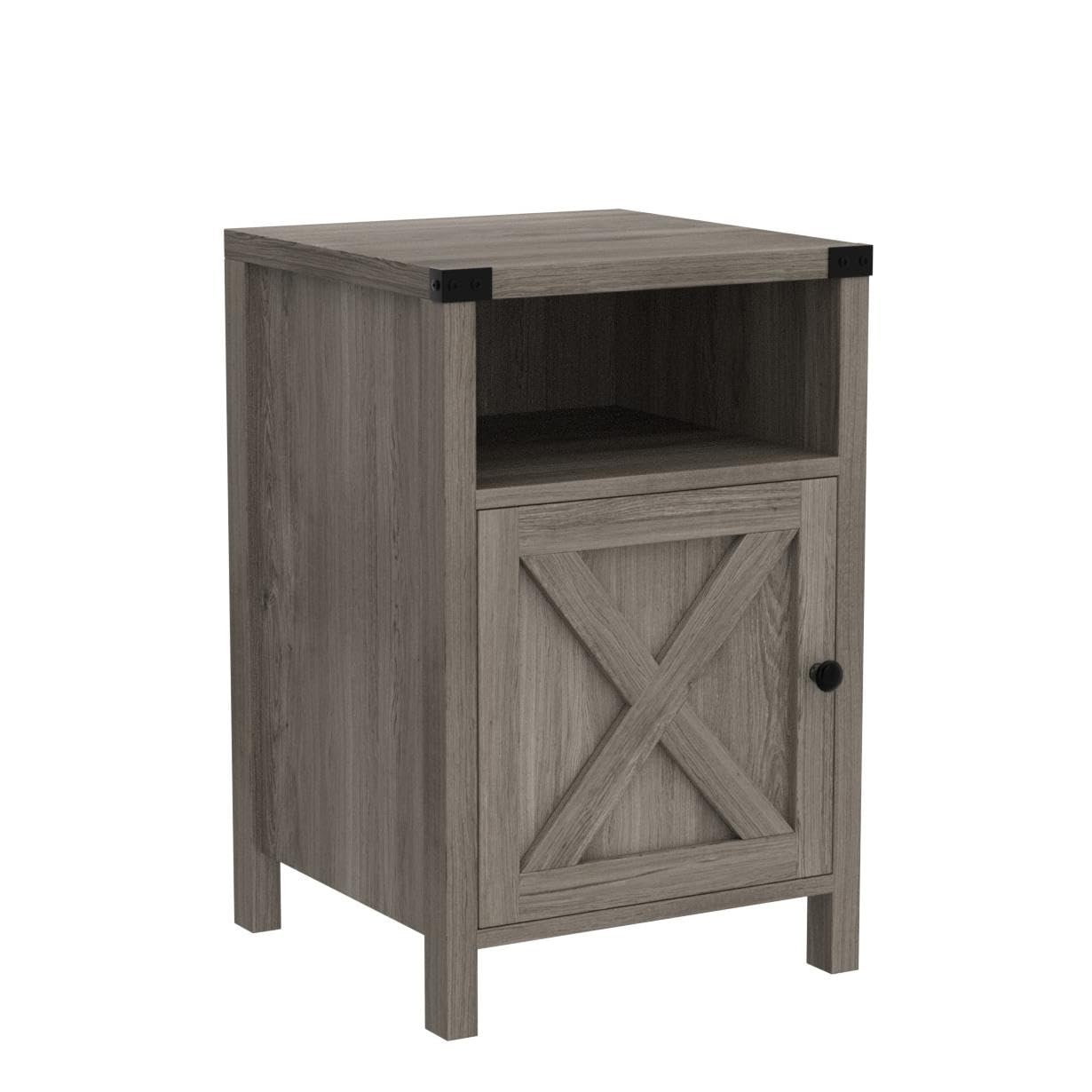 Rustic Gray Farmhouse Nightstand Set of 2 - Modern Barn Door End Table with Shelf for Bedroom & Living Room - Perfect for Small Spaces, Guest Rooms & Cozy Home Decor