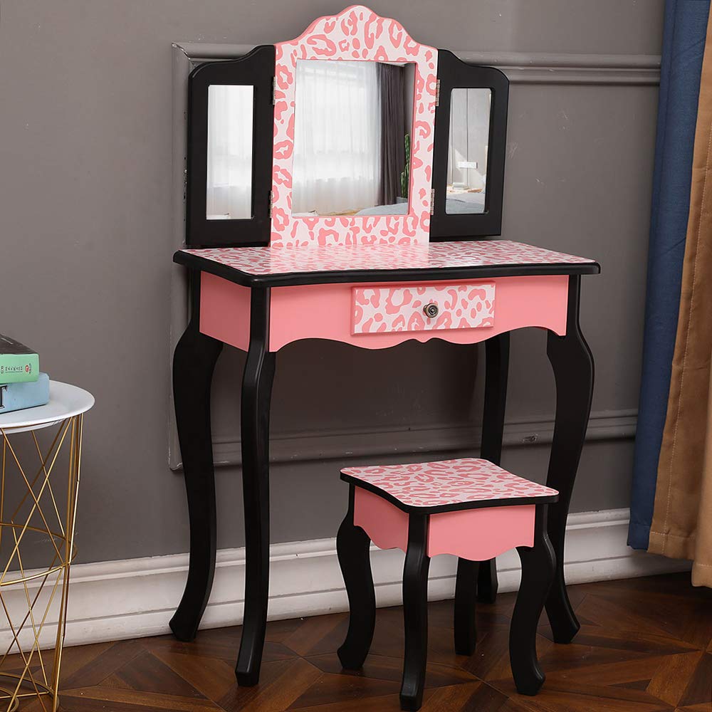 Pink and Black Kids Vanity Set with Three-Fold Mirror, Vanity Table & Chair, Single-Drawer Dressing Table for Girls - Perfect for Bedroom Decor, Pretend Play & Birthday Gifts