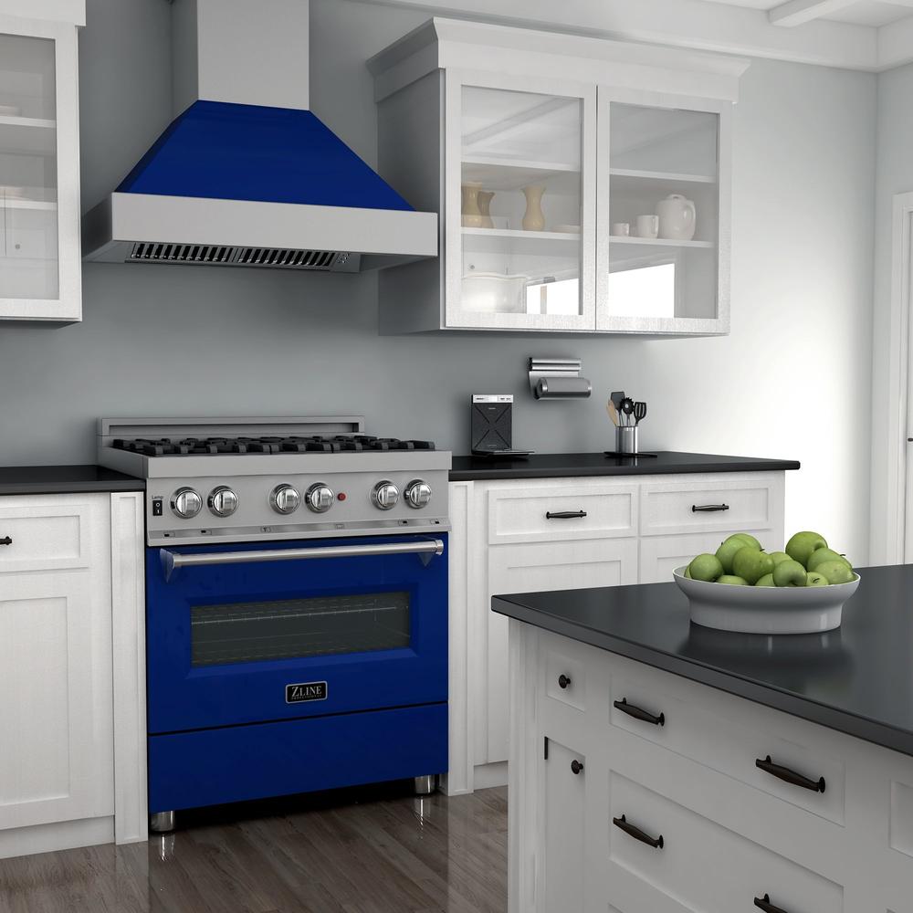 ZLINE 30 Inch 4.0 cu ft Dual Fuel Range - 4 Burner Gas Cooktop & Electric Convection Oven - Satin Stainless Steel with Blue Gloss Door (RAS BG 30) - Perfect for Modern Kitchens & Professional Cooking