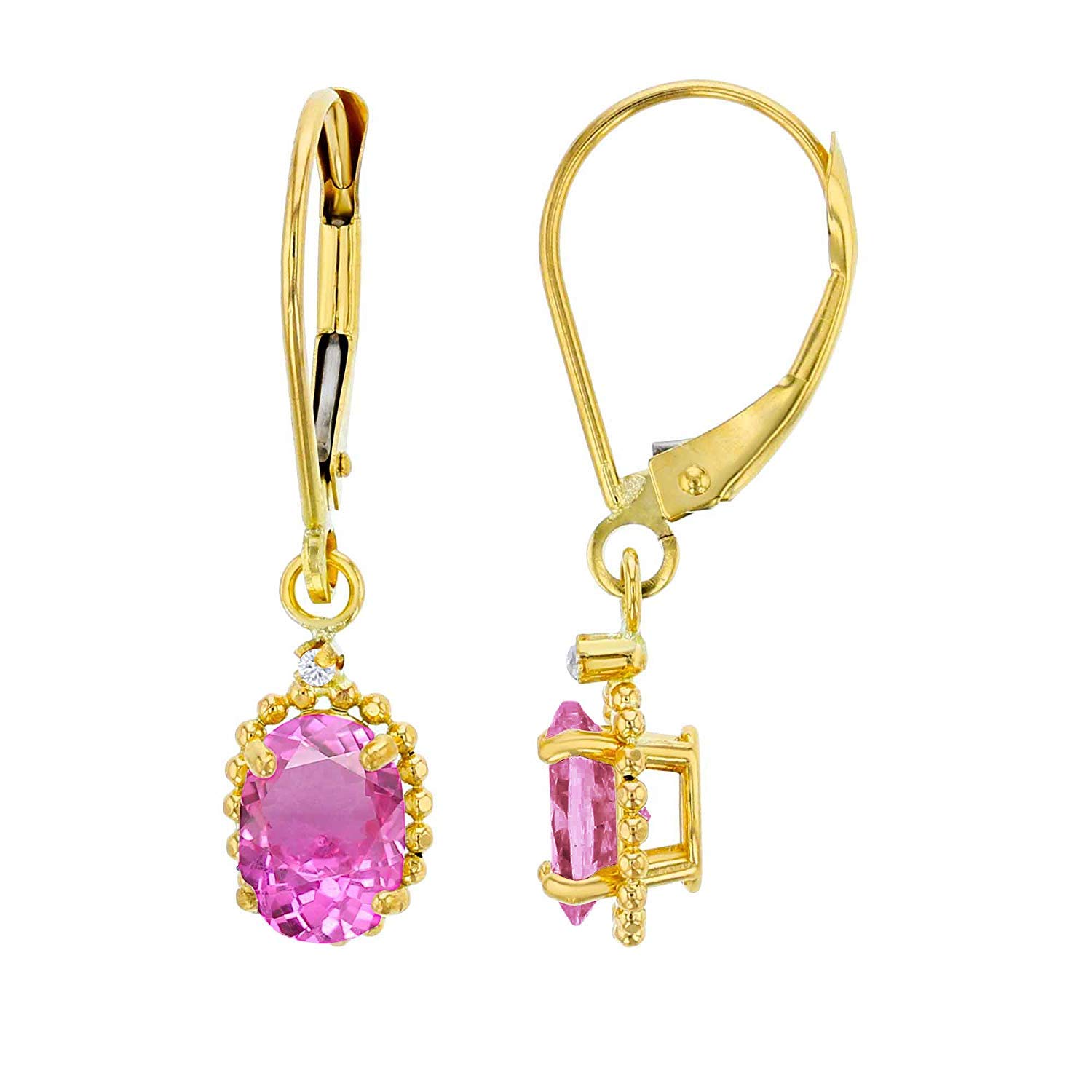 14K Solid Gold Leverback Earrings with White Topaz & Oval Birthstone Gemstones | 1.25mm Round & 6x4mm Oval Bead Frame | Yellow, White & Rose Gold Options | Women's Fine Jewelry Gift for Birthday, Anniversary & Special Occasions